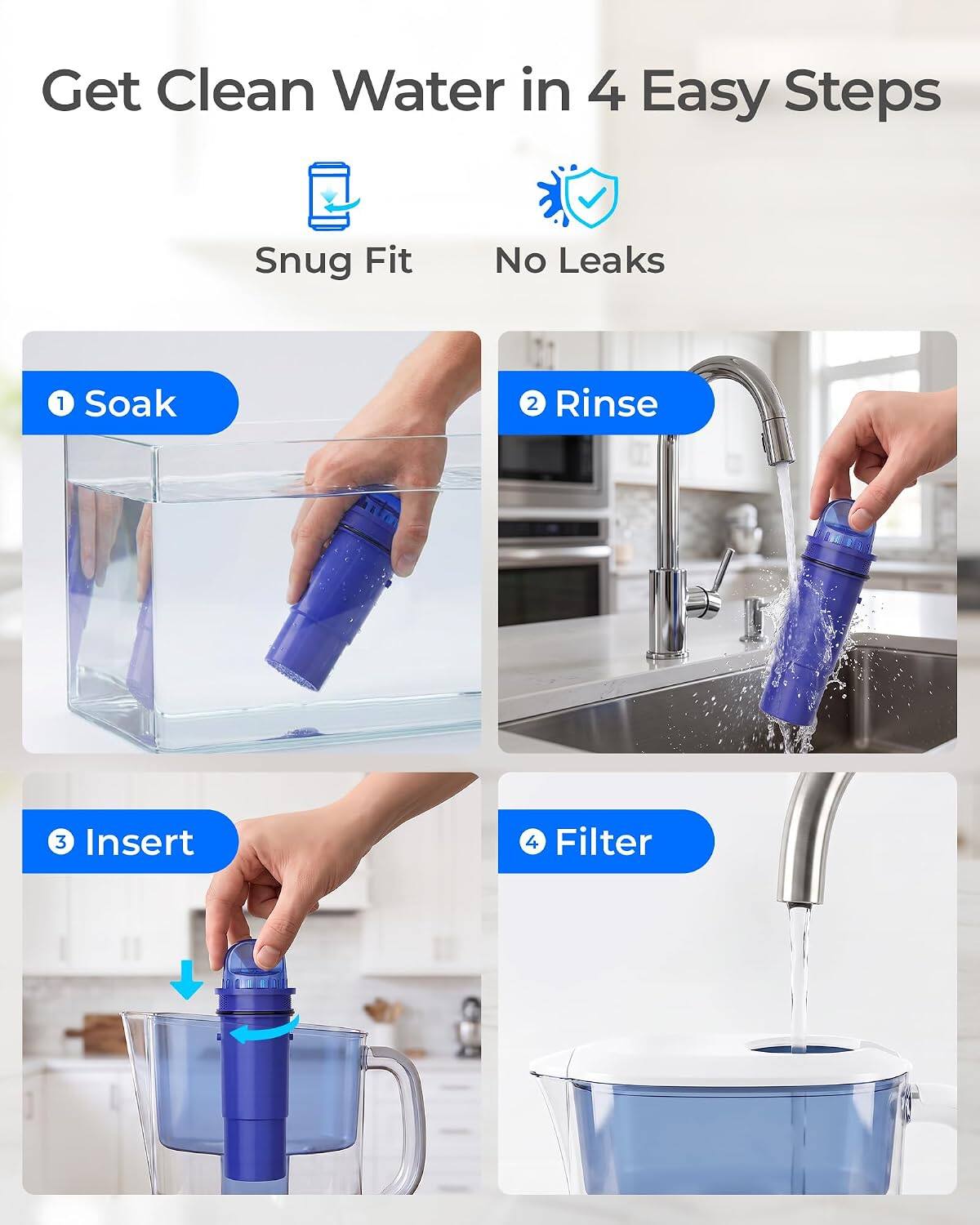 Get Clean Water in 4 Easy Steps

Snug Fit
No Leaks

1. Soak
2. Rinse
3. Insert
4. Filter