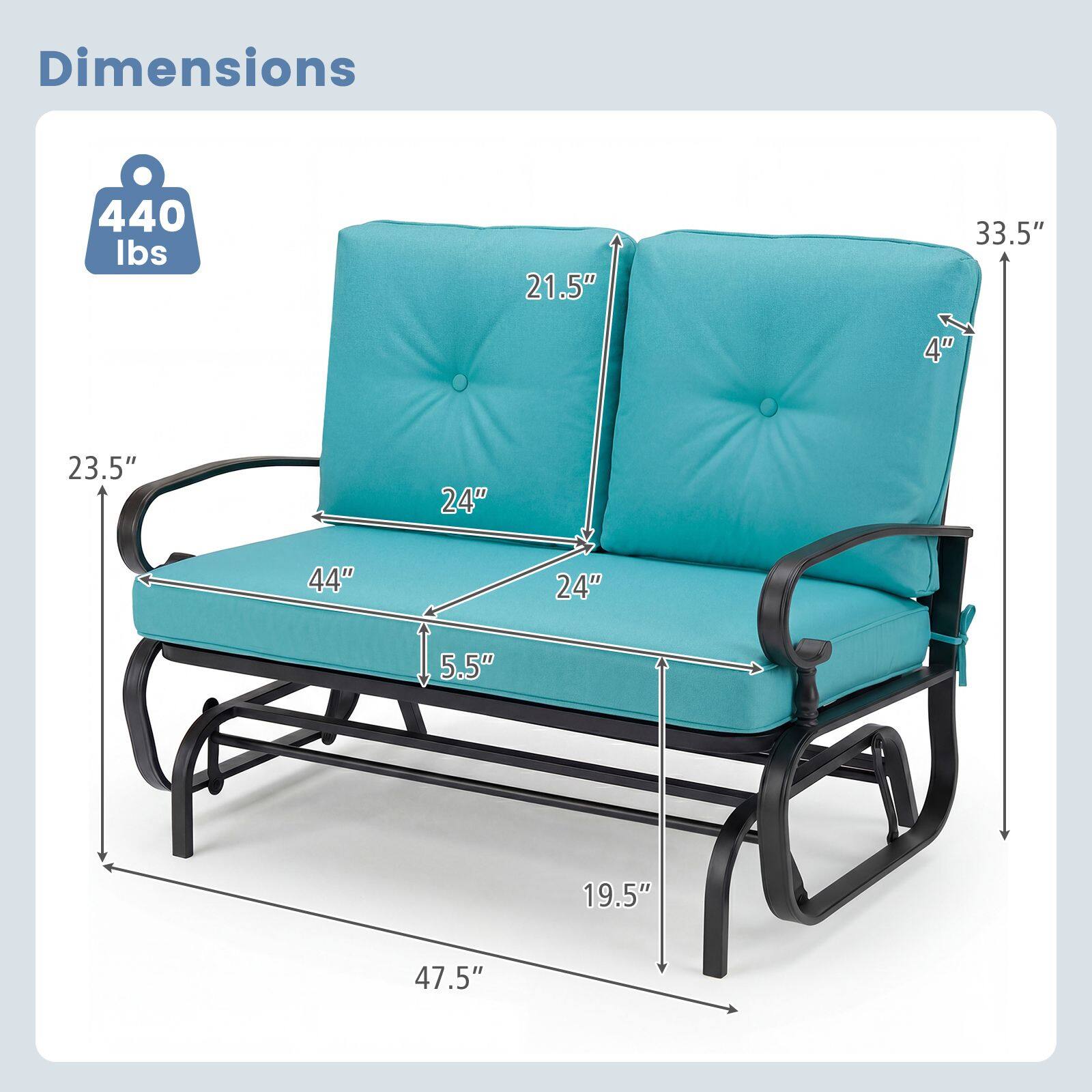 Dimensions: 440 lbs, 21.5", 33.5", 4", 23.5", 24", 44", 24", 5.5", 19.5", 47.5"
