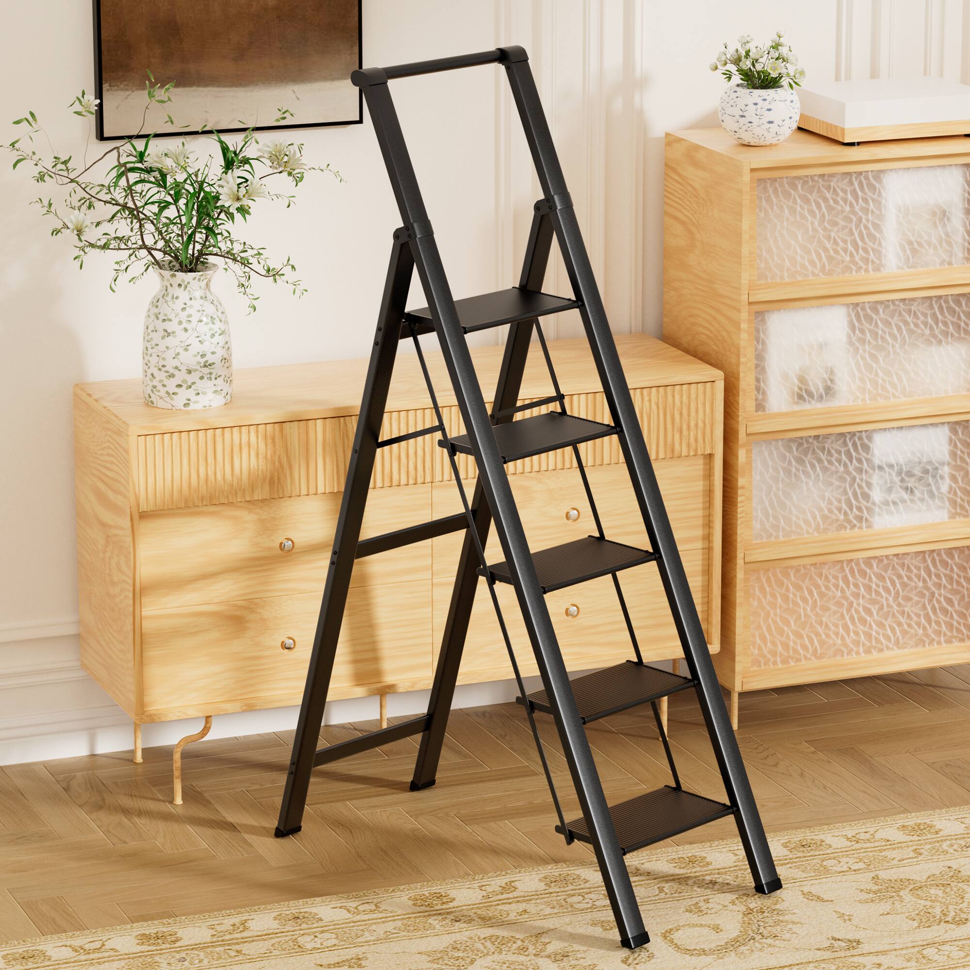 Alt View 2. Topteng - 5-Step Foldable Ladder, Aluminum Step Stool with Anti-Slip Pedal & Handrail - 330 lb Load, Lightweight for Home & Office - Black.