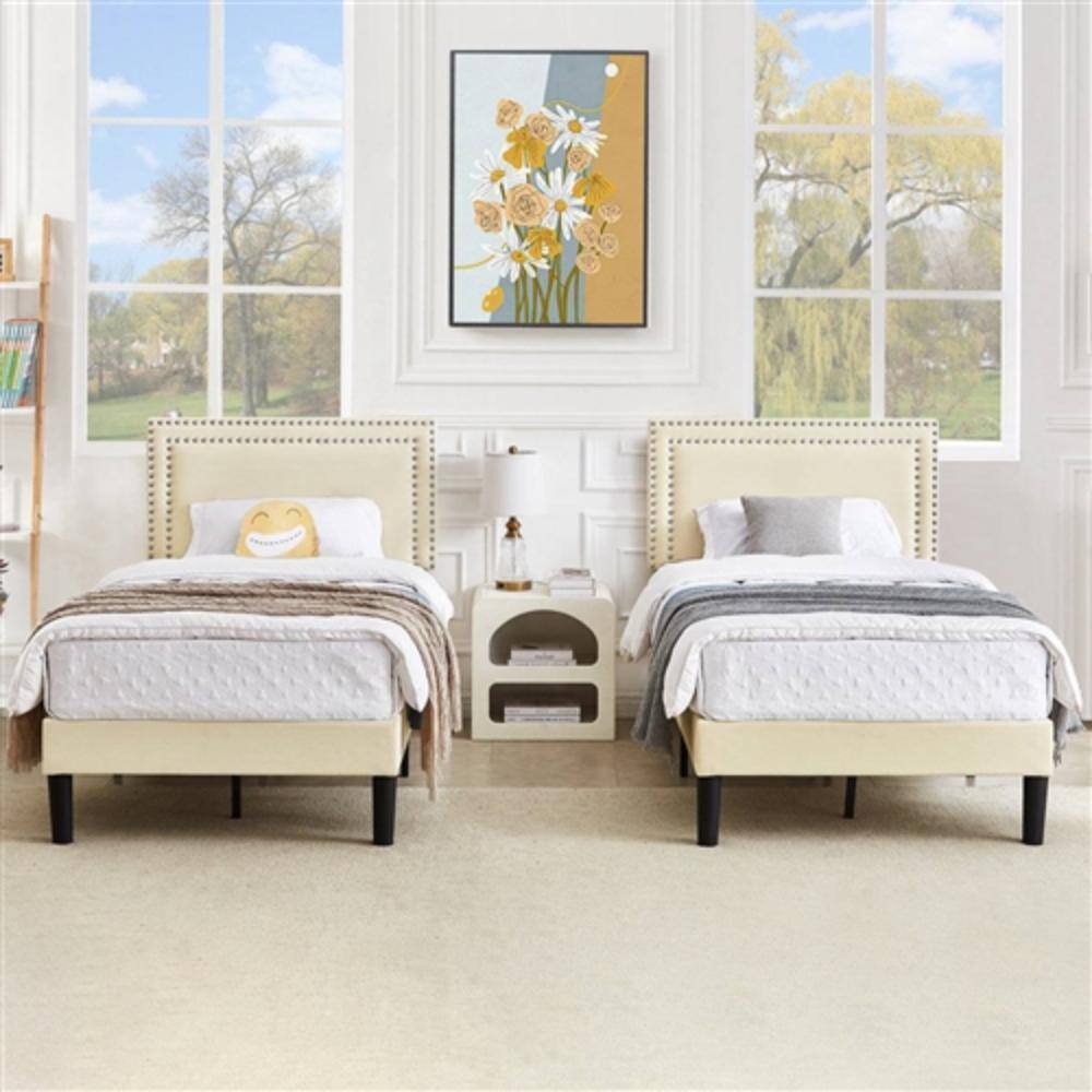 Left. Hivvago - Twin Size - Set of 2  - Dorm Style Beige Tufted Upholstered Platform Beds - Beige.