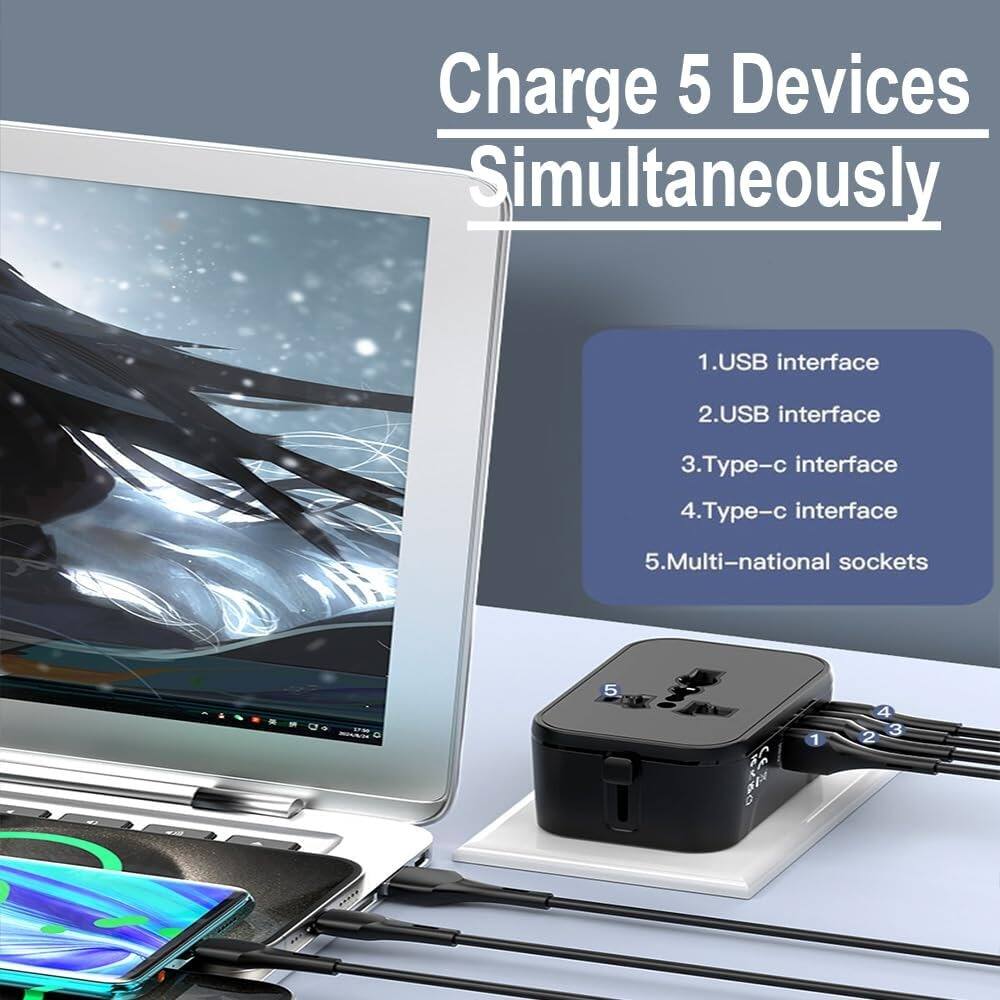 Charge 5 Devices Simultaneously

1. USB interface
2. USB interface
3. Type-c interface
4. Type-c interface
5. Multi-national sockets