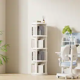 FC Design - 360° Rotating 4-Tier Bookshelf, Space-Saving Organizer for Home, Office, Easy Assembly - White