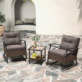 Gymax - 3 PCS Patio Rocker Set w/ 2-Tier Coffee Table & Soft Seat Back Cushions Outdoor - Brown