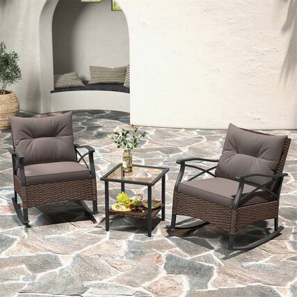 Front. Gymax - Gymax 3 PCS Patio Rocker Set w/ 2-Tier Coffee Table & Soft Seat Back Cushions Outdoor - Brown.