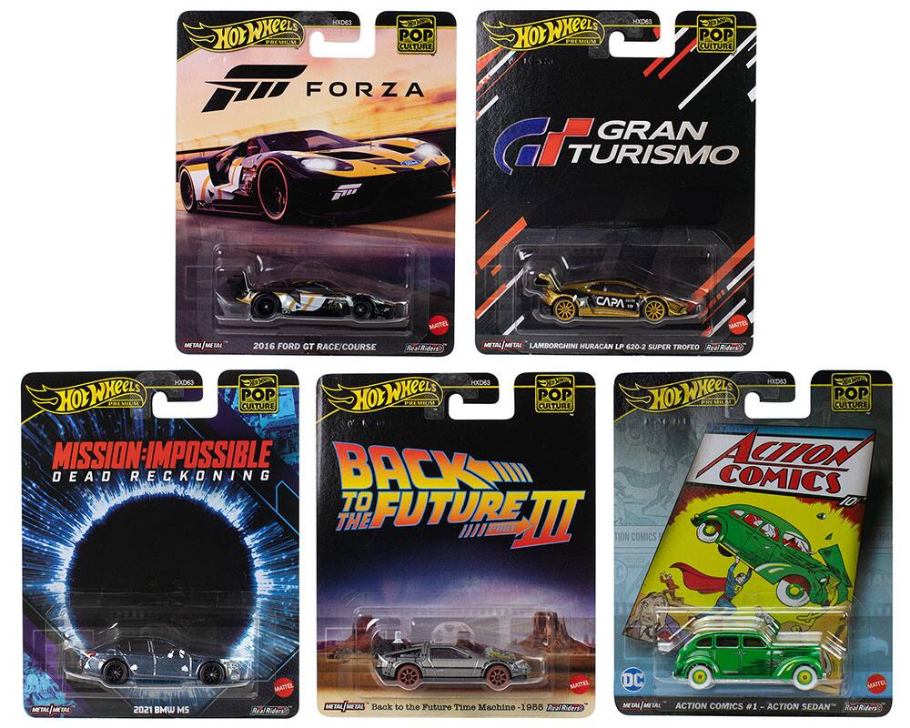 "Pop Culture 2025" 5 piece Set L "Premium Series" Diecast Model Cars by Hot Wheels - Multicolor