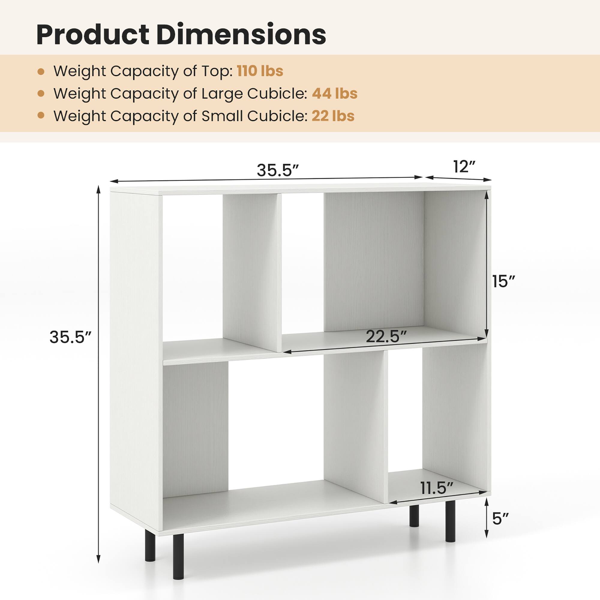 Product Dimensions

Weight Capacity of Top: 110 lbs
Weight Capacity of Large Cubicle: 44 lbs
Weight Capacity of Small Cubicle: 22 lbs

35.5"
12"
15"
35.5"
22.5"
11.5"
5"