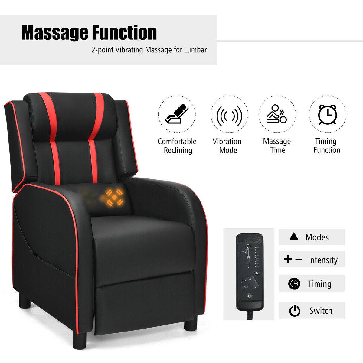 Massage Function  
2-point Vibrating Massage for Lumbar  

Comfortable Reclining  
Vibration Mode  
Massage Time  
Timing Function  

Modes  
Intensity  
Timing  
Switch