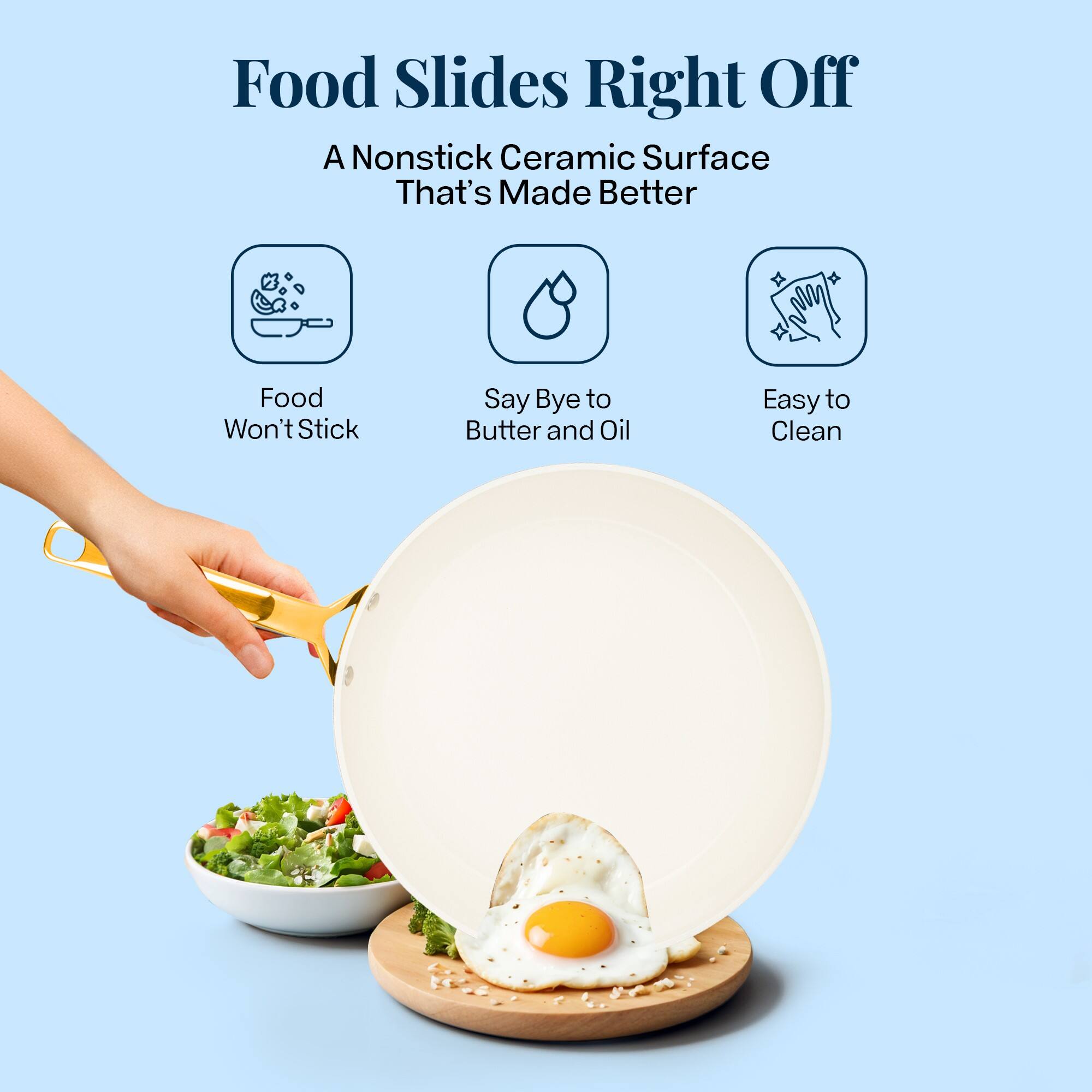 Food Slides Right Off
A Nonstick Ceramic Surface That's Made Better
Food Won't Stick
Say Bye to Butter and Oil
Easy to Clean