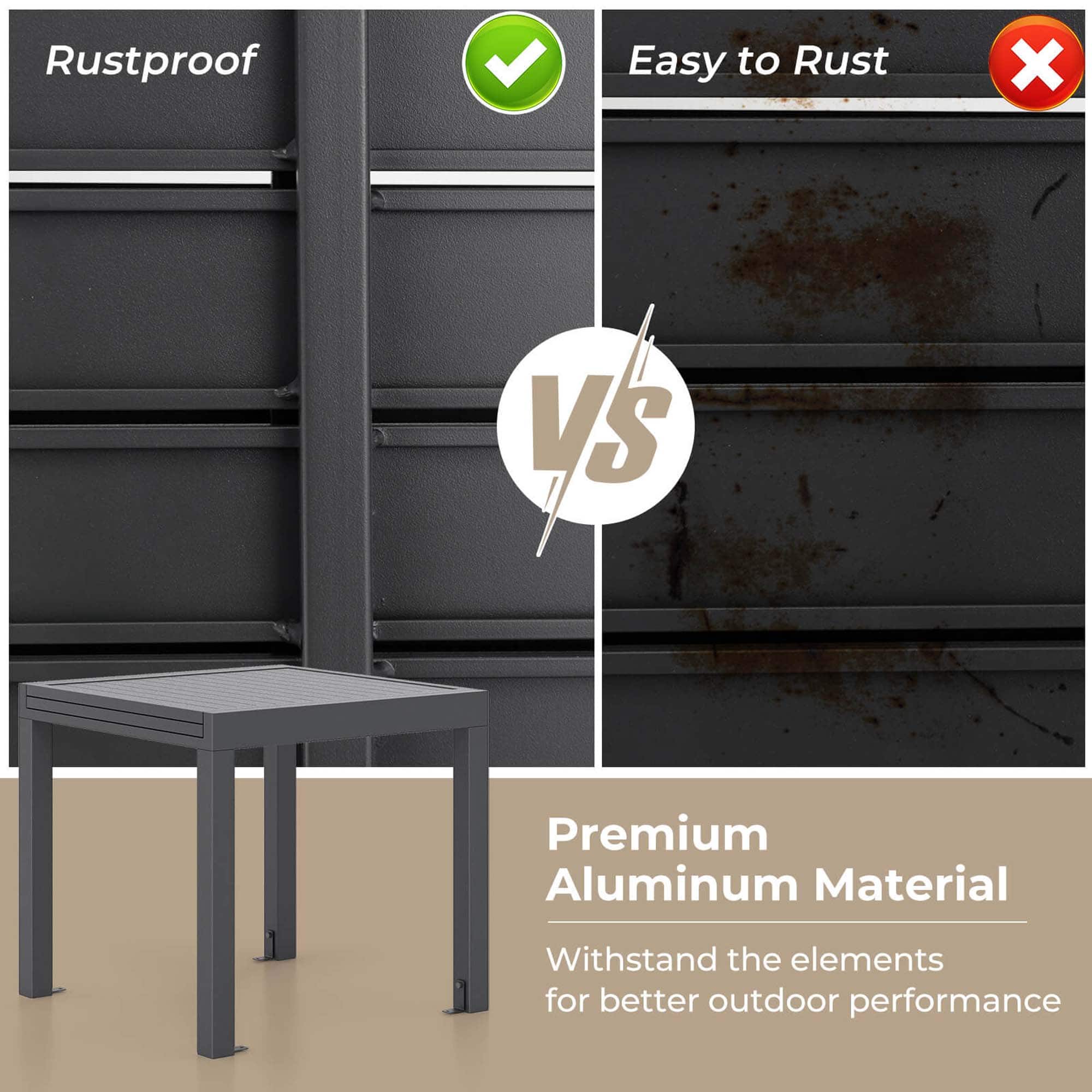 Premium Aluminum Material Withstand the elements for better outdoor performance VS Rustproof Easy to Rust X