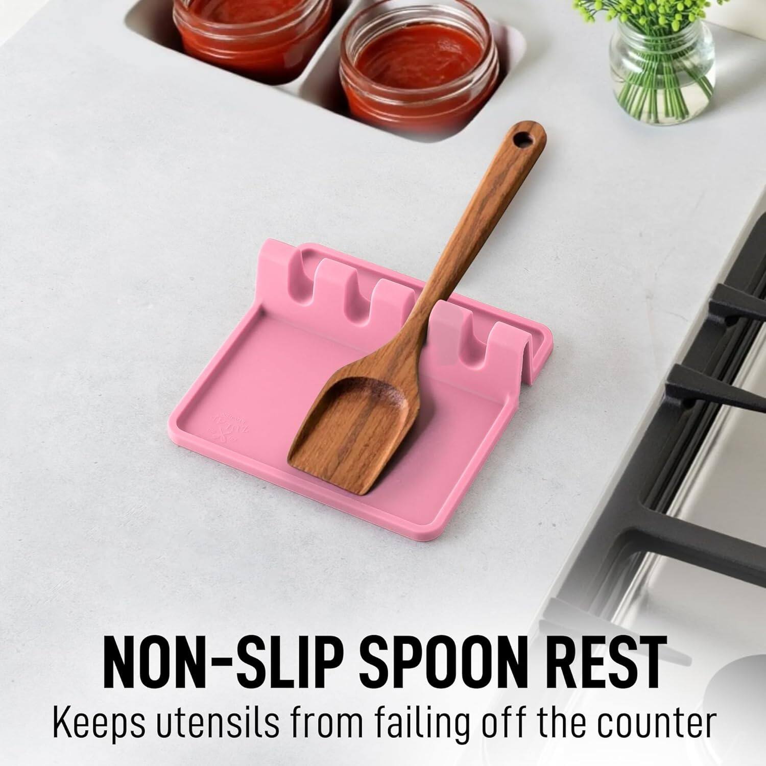NON-SLIP SPOON REST  
Keeps utensils from falling off the counter
