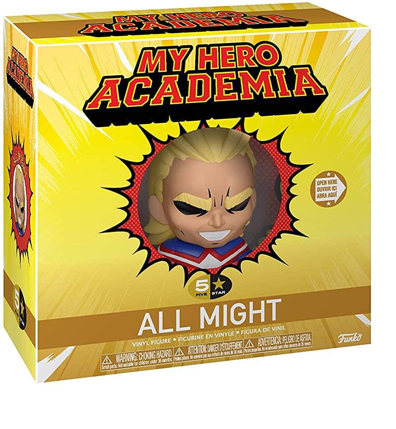 MY HERO ACADEMIA  
5 STAR  
ALL MIGHT  

VINYL FIGURE • FIGURINE EN VINYLE • FIGURA DE VINIL  

WARNING: CHOKING HAZARD. • ATTENTION: PELIGRO DE ASFIXIA • ADVERTÊNCIA: PELO RISCO DE ASFIXIA  

OPEN HERE • OUVRIR ICI • ABRRA AQUI  

Funko