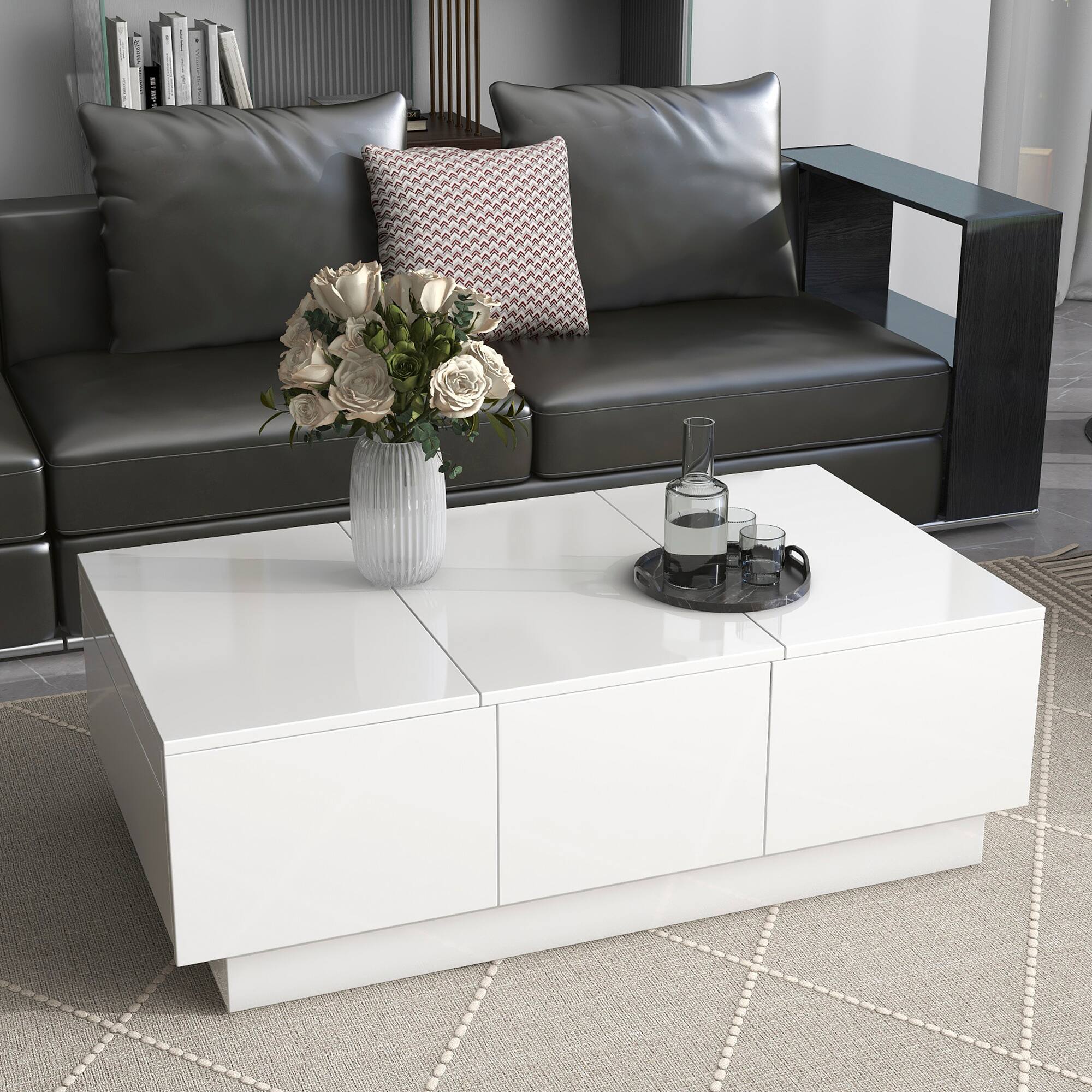 Angle. Tiramisubest - Extendable Coffee Table with 2 Hidden Storage Compartment,High-gloss Center Table with Sliding Top & 2 Drawers,White - White.