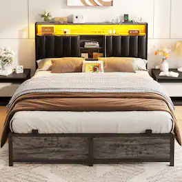 Aheaplus - Full Bed Frame with Upholstered Headboard, Platform Bed Frame with Power Outelts and LED Lights - Black Oak