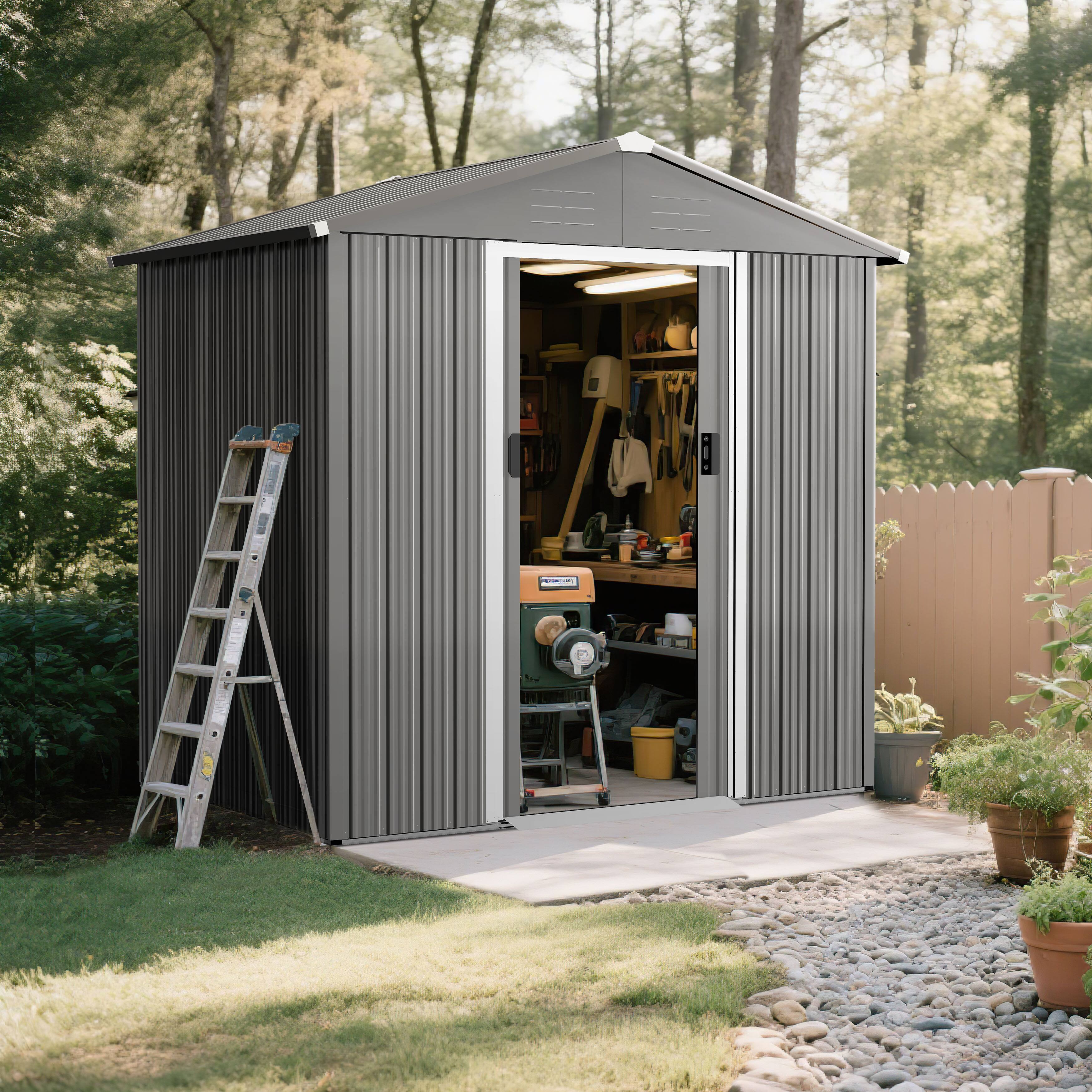 Left. Nuu Garden - Garden Storage Shed Galvanized Sheet Tool Shed with Sliding Doors - Light Gray.