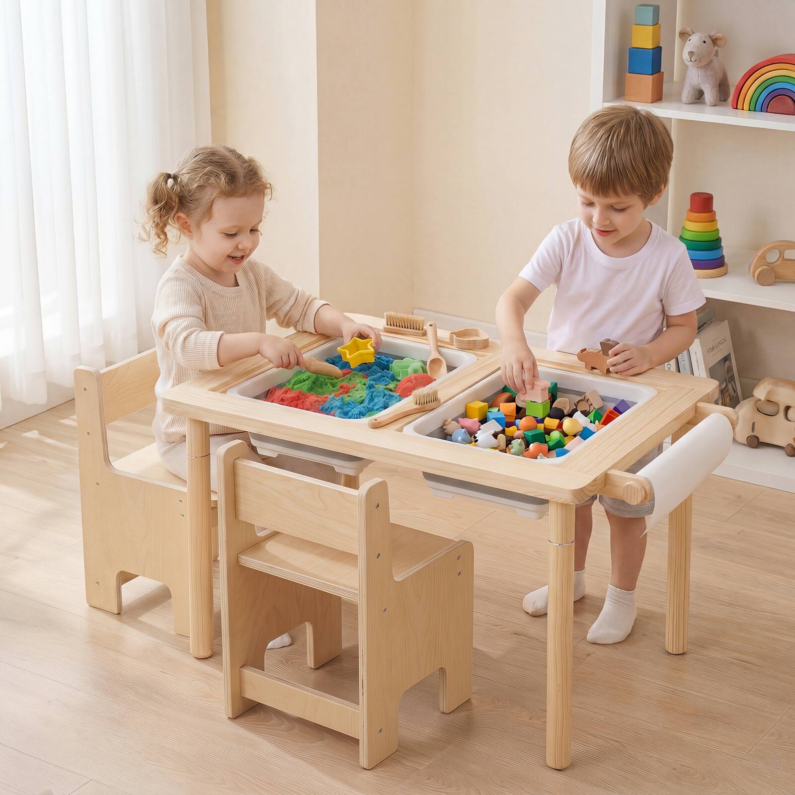 Alt View 1. Costway - Costway Kids Sensory Table and Chair Set with Adjustable Height, Dual Sided Top, 2 Bins - Natural-2 chairs.
