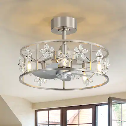 Front. Breezary - 20-Inch Crystal Cage Ceiling Fan with 5-Light Fixture, ABS Blades, Tilt-Mount Downrod, DC Motor and Remote Control - Satin Nickel and Silver.