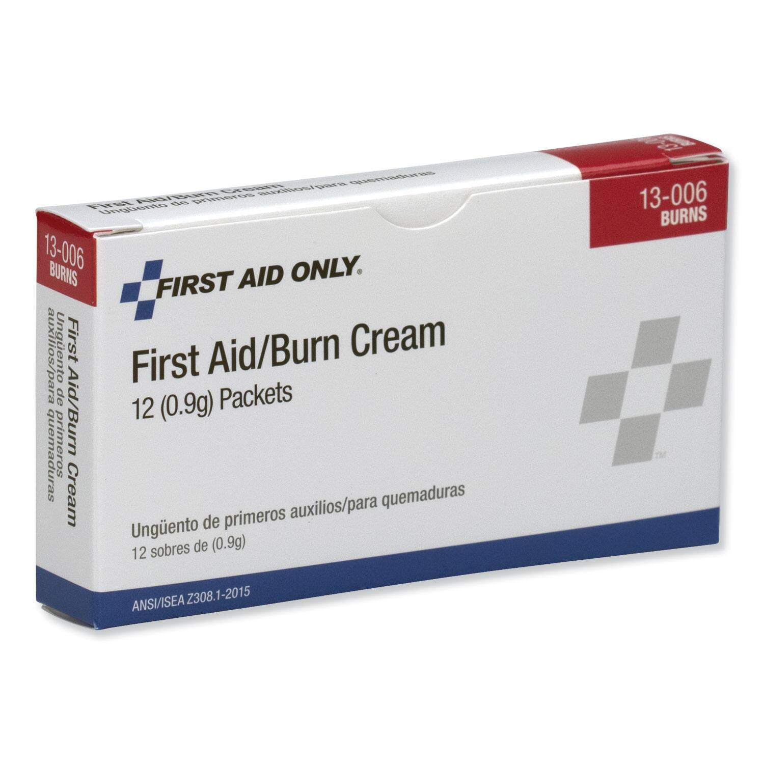 13-006 BURNS FIRST AID ONLY.  
First Aid/Burn Cream  
12 (0.9g) Packets  
Ungüento de primeros auxilios/para quemaduras  
12 sobres de (0.9g)  
ANSI/ISEA Z308.1-2015