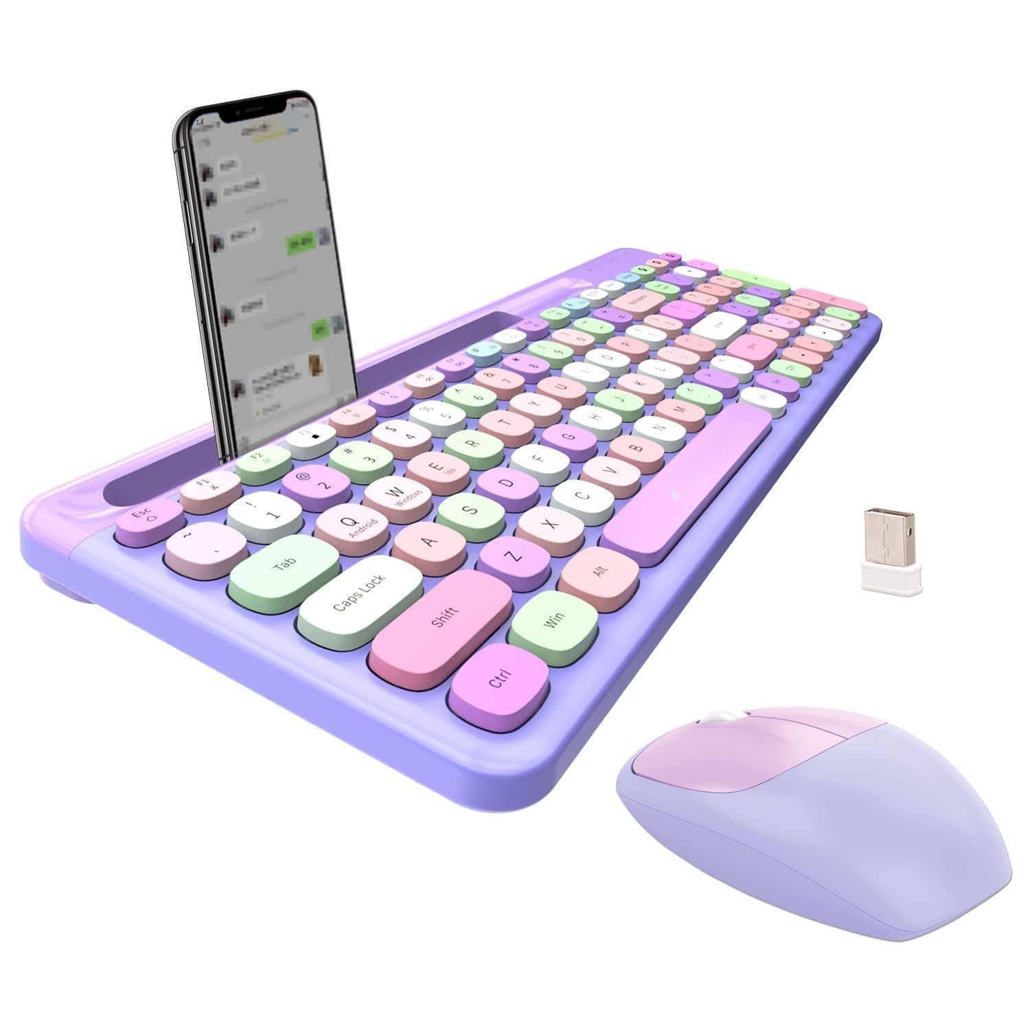 Live At Space - Wireless And Mouse Combo 104 Keys Full-sized 2.4 Ghz Round Keycap Colorful Keyboards Usb Receiver Plug Play For Windows - Purplecolorful