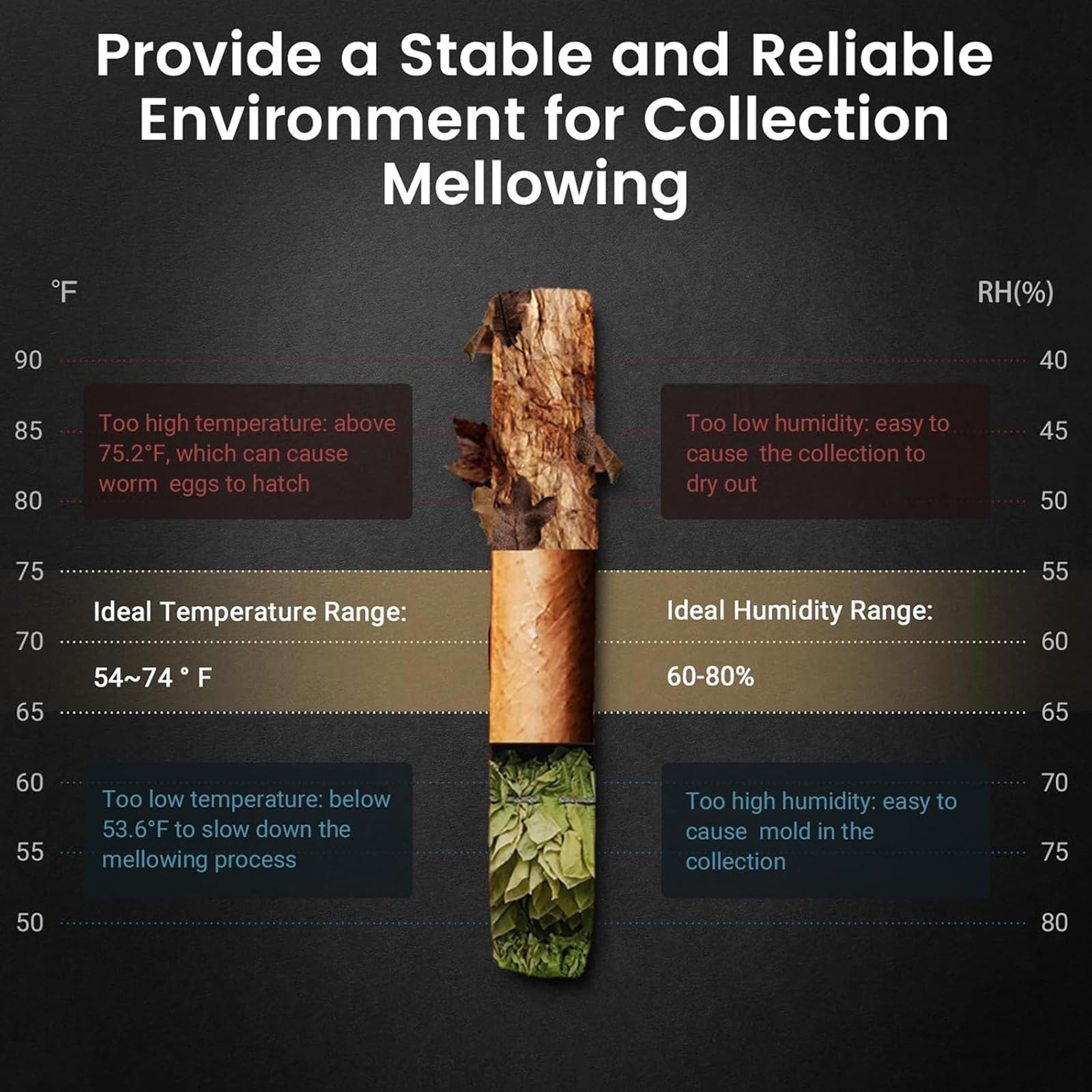 Provide a Stable and Reliable Environment for Collection Mellowing

°F
90
85
80
75
70
65
60
55
50

RH(%)
40
45
50
55
60
65
70
75
80

Too high temperature: above 75.2°F, which can cause worm eggs to hatch

Ideal Temperature Range: 54~74°F

Too low temperature: below 53.6°F to slow down the mellowing process

Ideal Humidity Range: 60-80%

Too low humidity: easy to cause the collection to dry out

Too high humidity: easy to cause mold in the collection