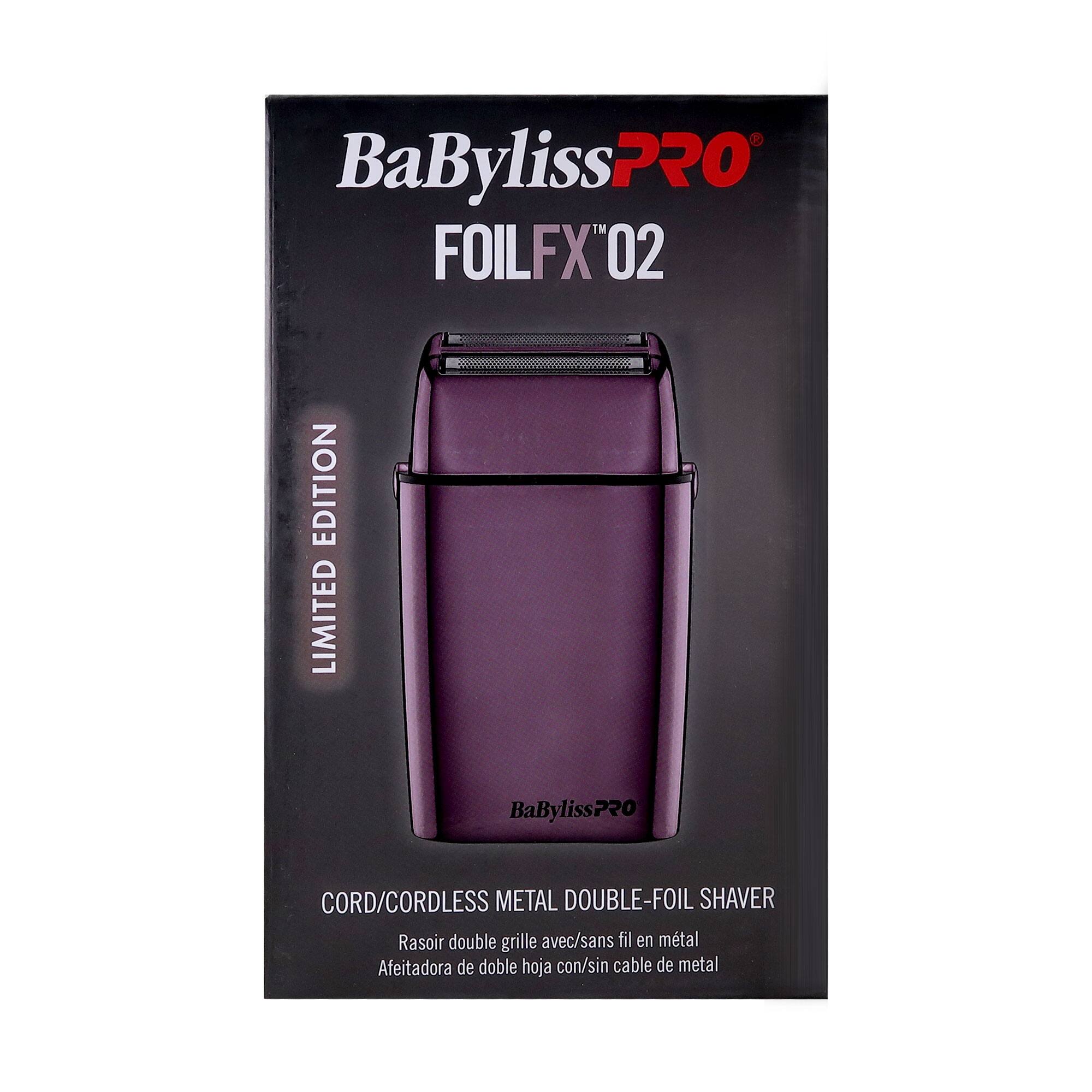 BaByliss PRO  
FOILFX™ 02  
LIMITED EDITION  

CORD/CORDLESS METAL DOUBLE-FOIL SHAVERRasoir double grille avec/sans fil en métal  
Afeitadora de doble hoja con/sin cable de metal