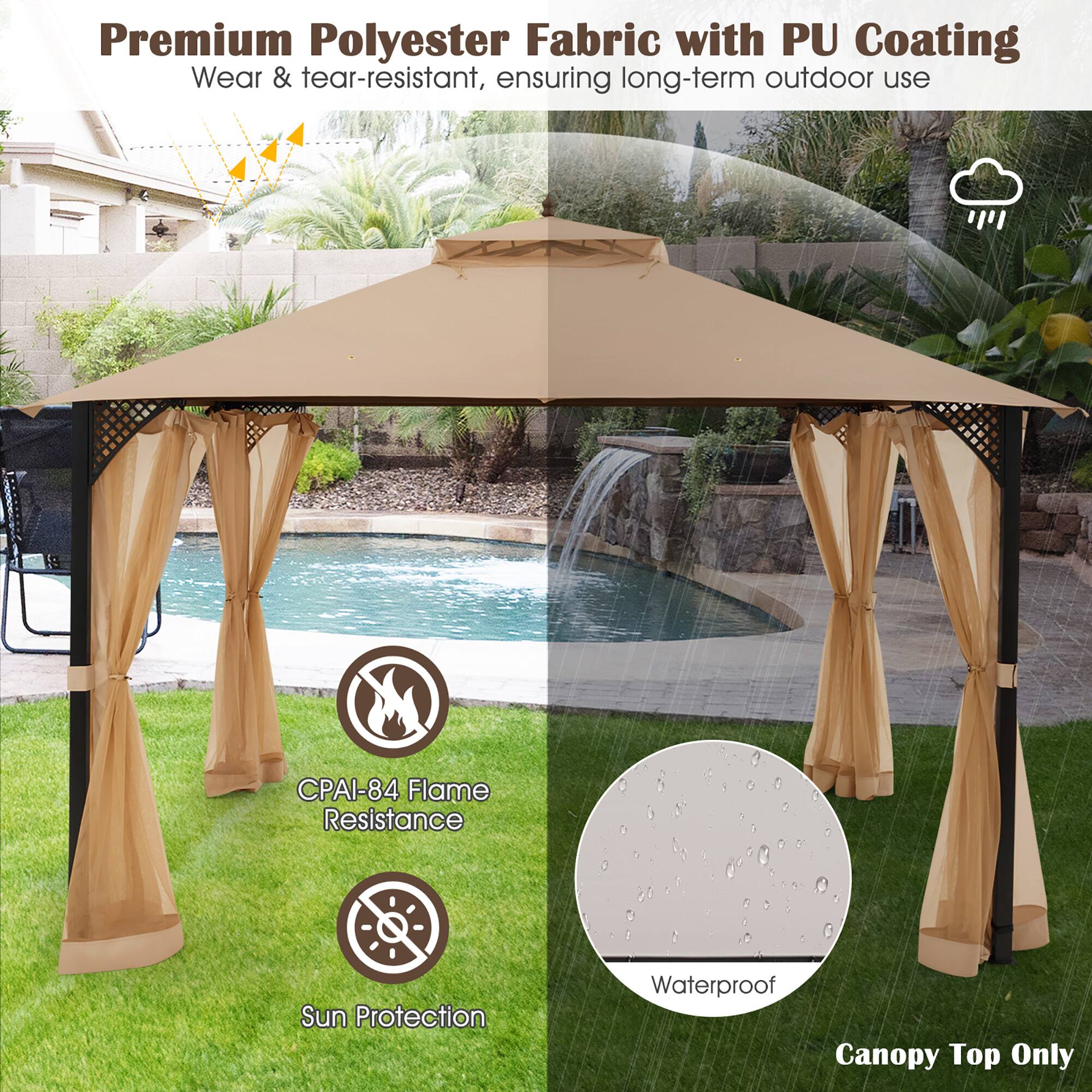 Premium Polyester Fabric with PU Coating  
Wear & tear-resistant, ensuring long-term outdoor use  

- CPAI-84 Flame Resistance  
- Sun Protection  
- Waterproof  

Canopy Top Only