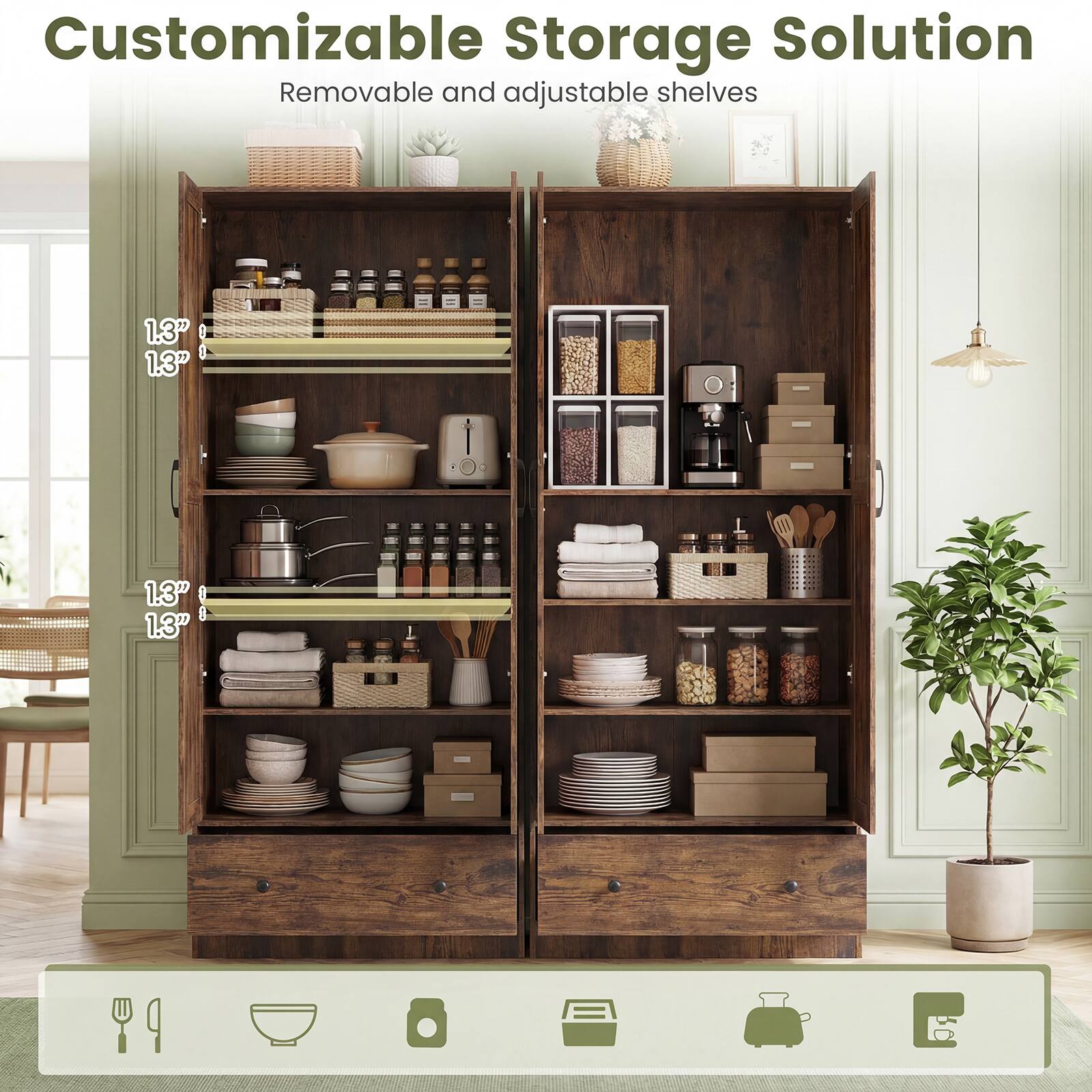 Customizable Storage Solution  
Removable and adjustable shelves  

1.3"  
1.3"  
1.3"  
1.3"  
1.3"  
1.3"