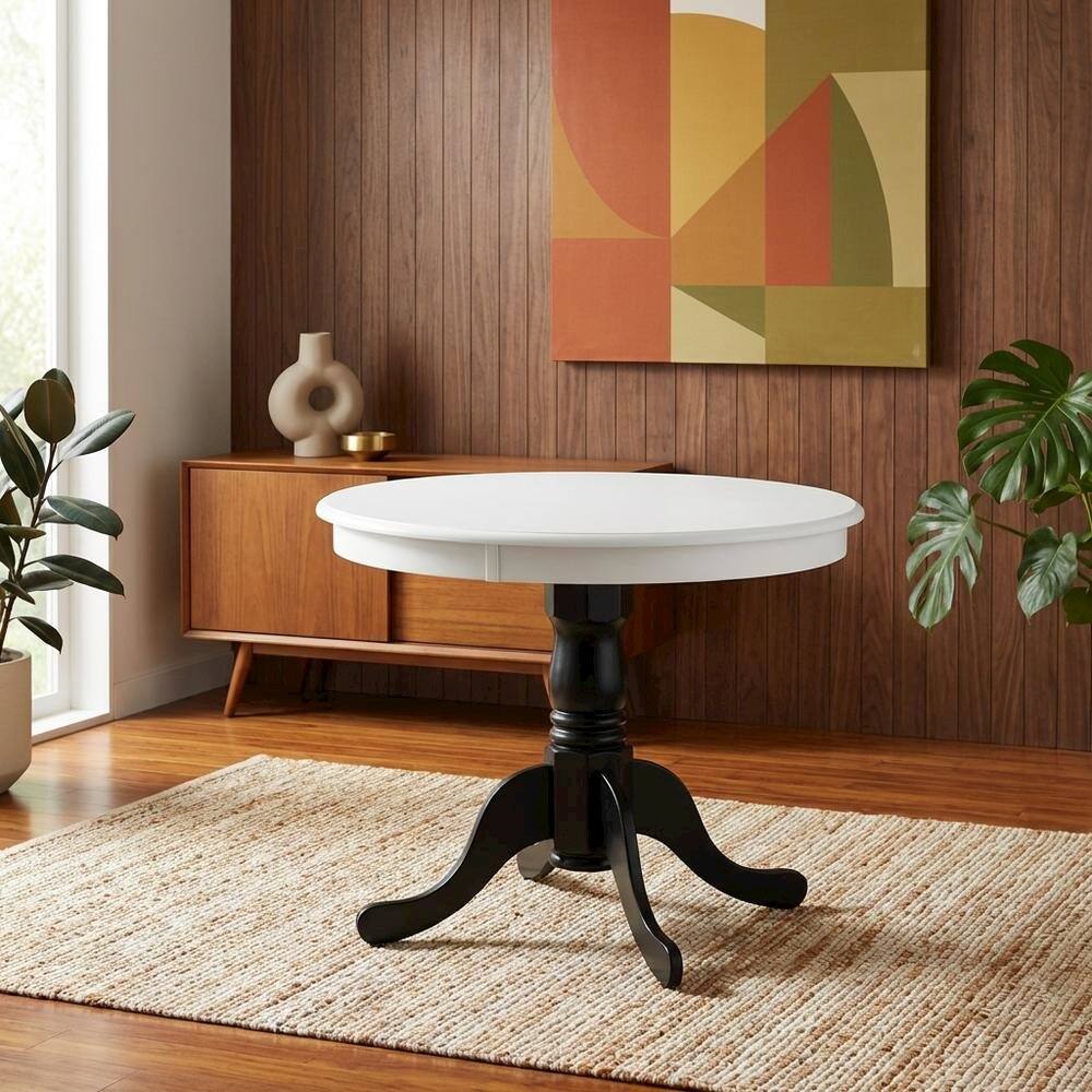 Alt View 1. FurniFact - Linen White Round Pedestal Dining Table - White & Black.