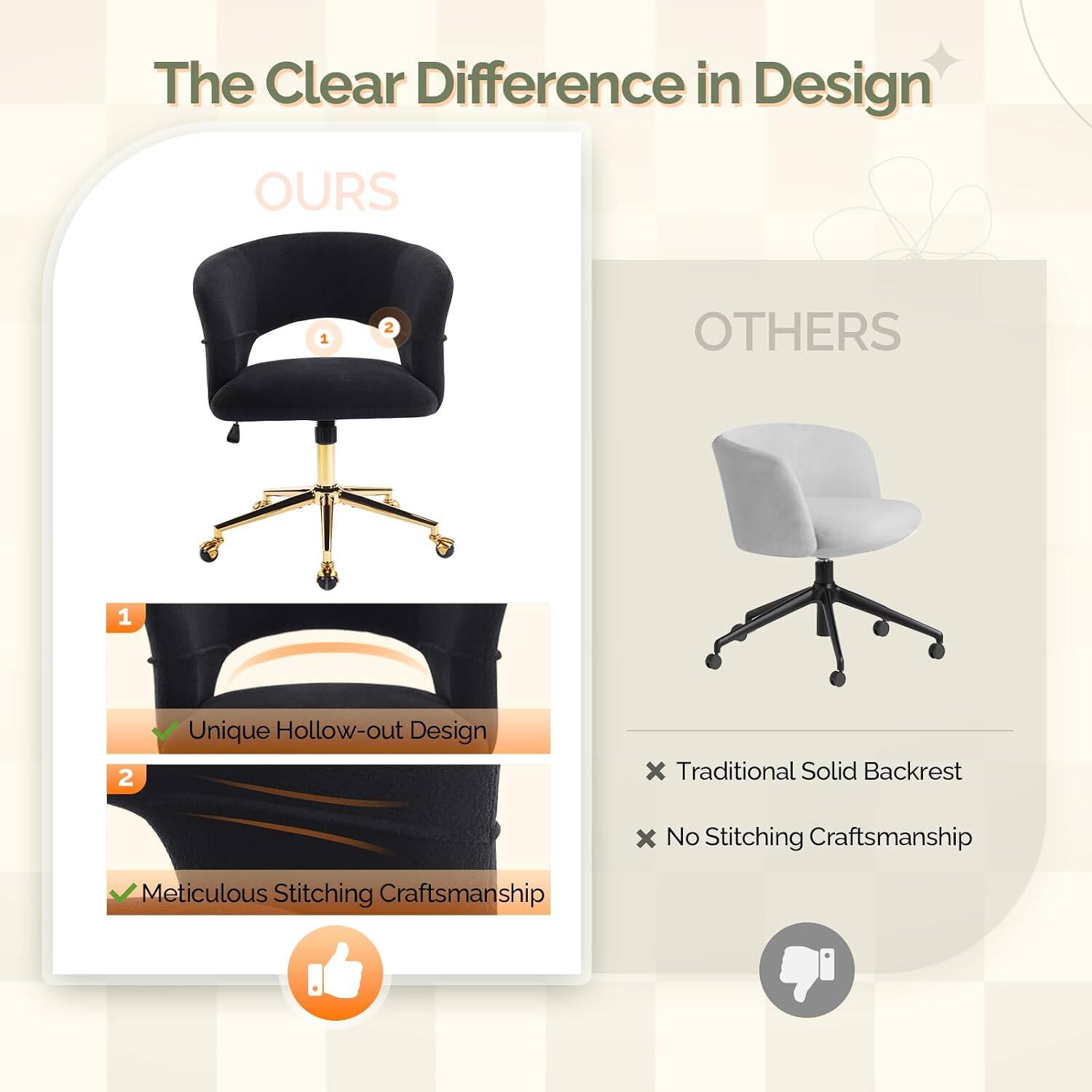 The Clear Difference in Design

OURS
1. Unique Hollow-out Design
2. Meticulous Stitching Craftsmanship

OTHERS
1. Traditional Solid Backrest
2. No Stitching Craftsmanship