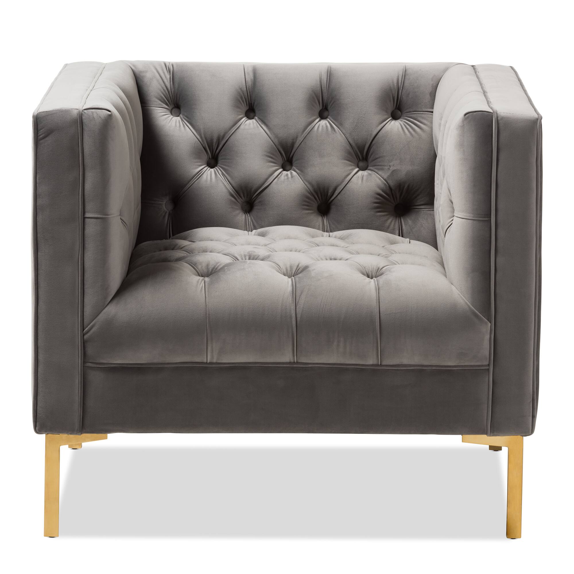 Angle. Baxton Studio - Zanetta Luxe and Glamour Velvet Upholstered Gold Finished Lounge Chair - Grey.