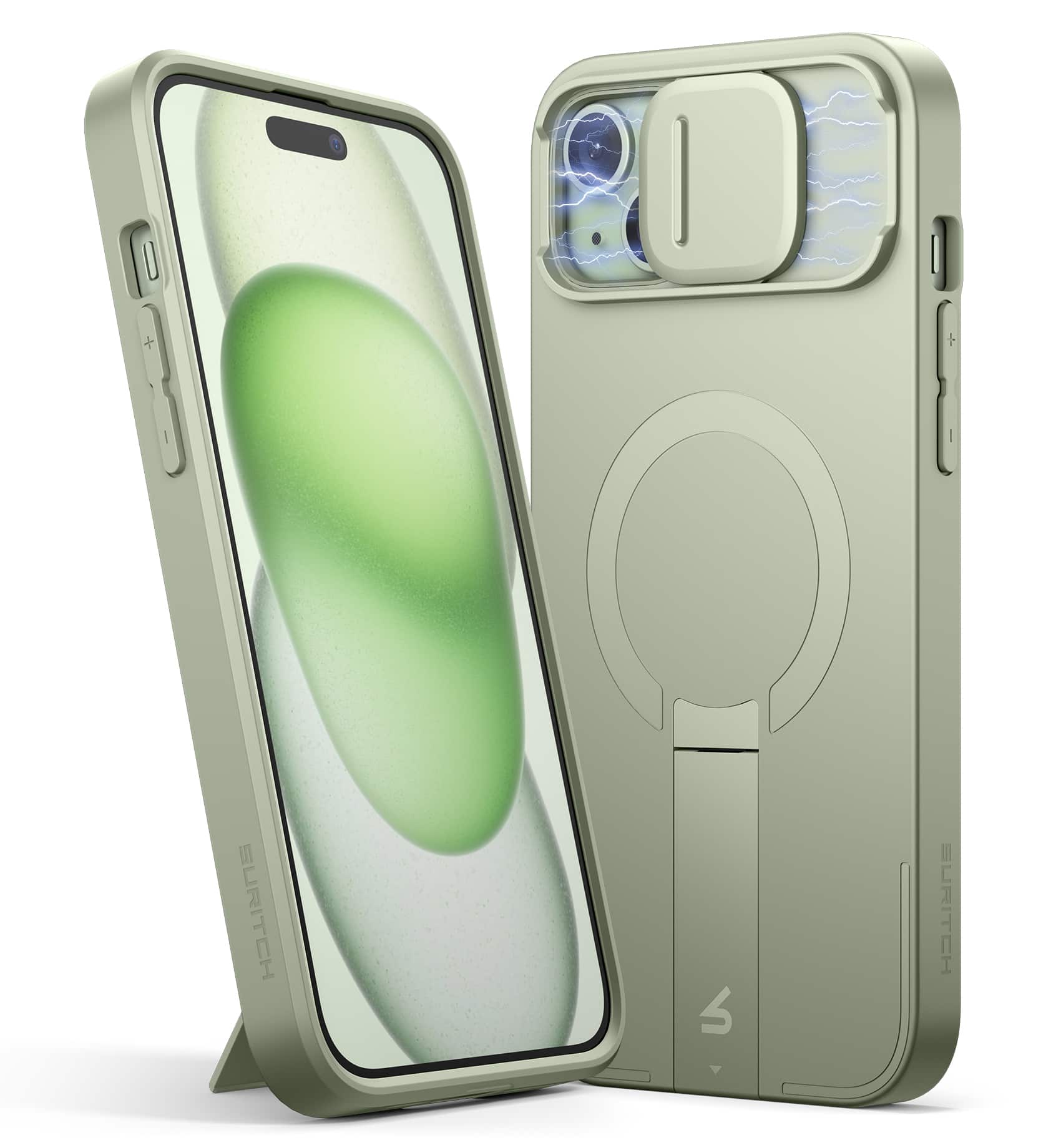 SURITCH - Bumper Case for iPhone 14+ Plus/15+ Plus with Camera Cover, Compatible with MagSafe, Shockproof Slim Protective Cover - Khaki Green price history on PriceWatchPro