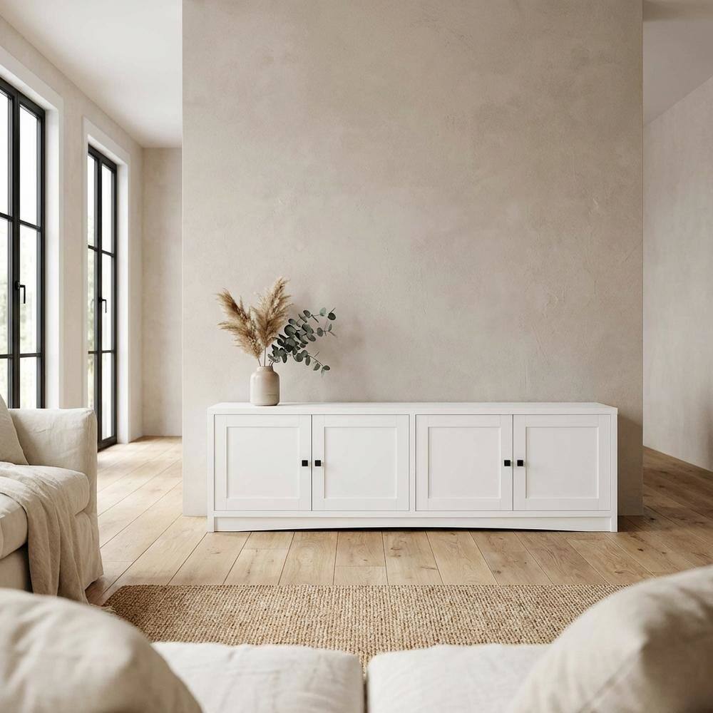 Alt View 2. FurniFact - White 4-Door TV Stand with Engineered Wood and Modern Design - White.