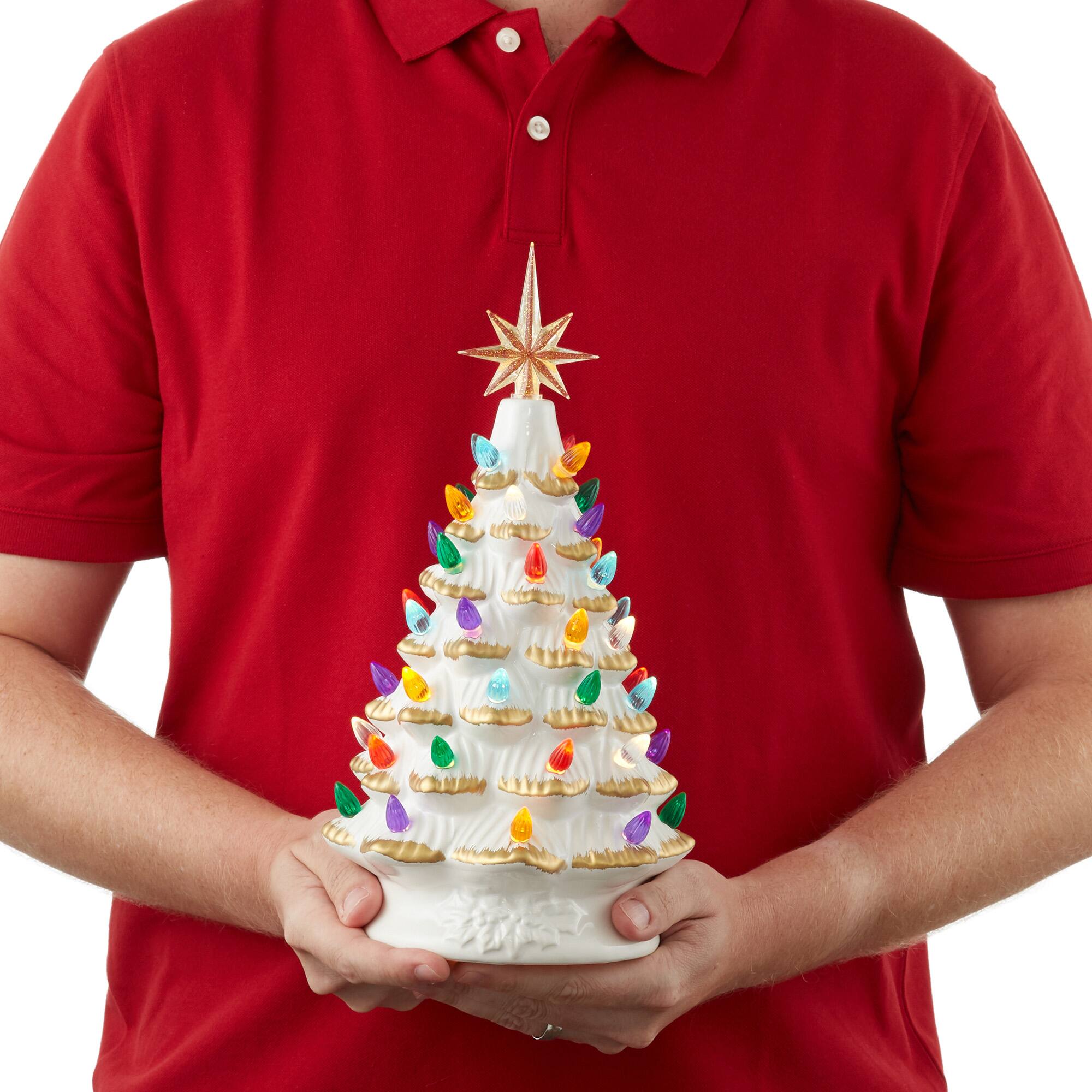 Alt View 2. Casafield - 12-in Hand Painted Ceramic Christmas Tree - Pre-Lit Tree with Star - White - Gold.