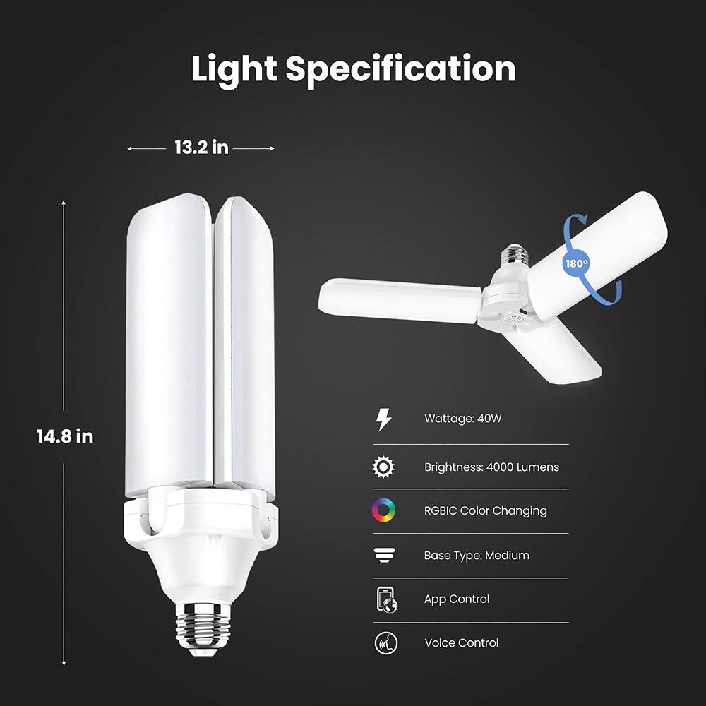 Light Specification

- Dimensions: 13.2 in (width) x 14.8 in (height)
- Wattage: 40W
- Brightness: 4000 Lumens
- RGBIC Color Changing
- Base Type: Medium
- App Control
- Voice Control