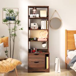 Tiramisubest - Compact Night Stand with Bookshelf and Drawers for Bedroom Storage - Brown