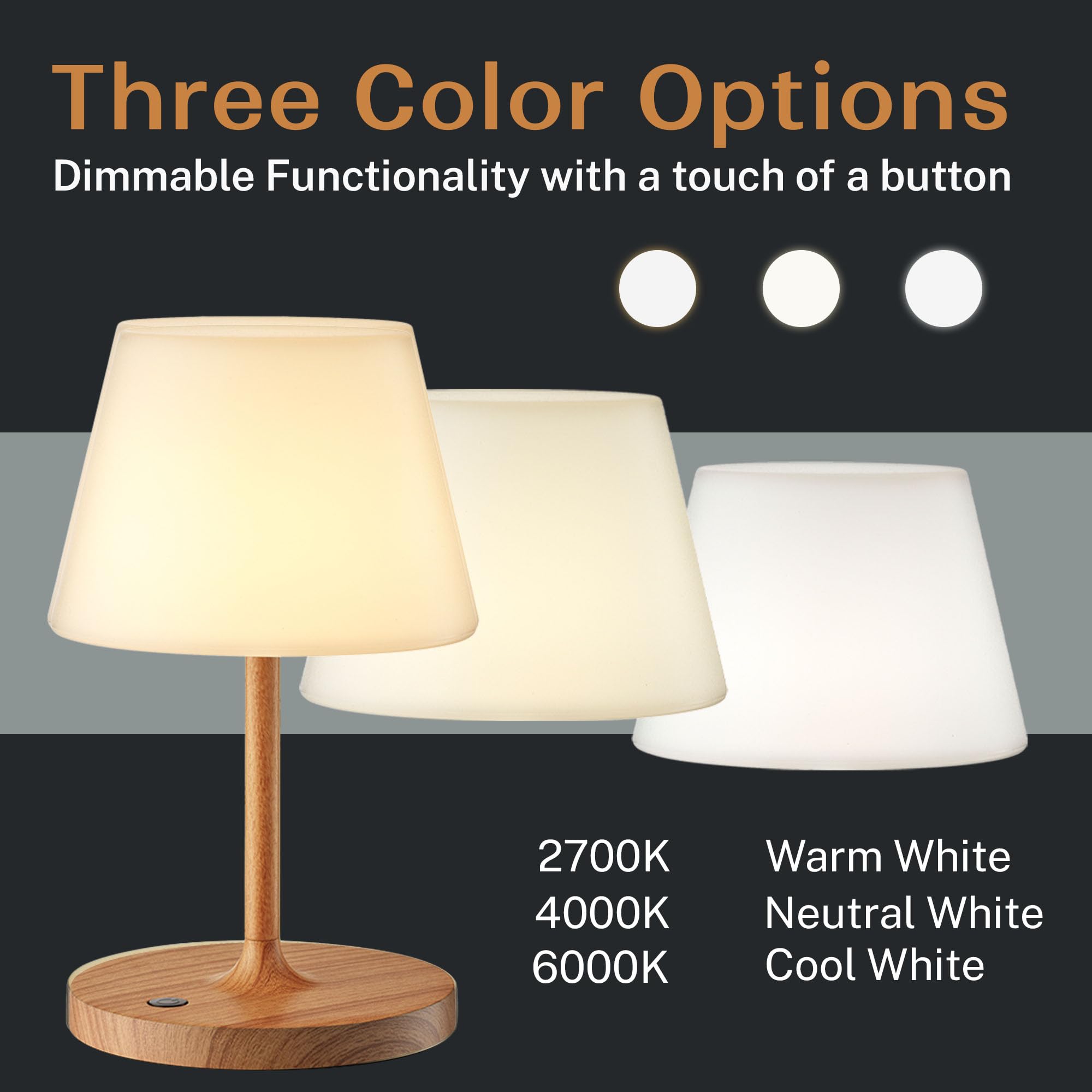 Three Color Options  
Dimmable Functionality with a touch of a button  

2700K Warm White  
4000K Neutral White  
6000K Cool White