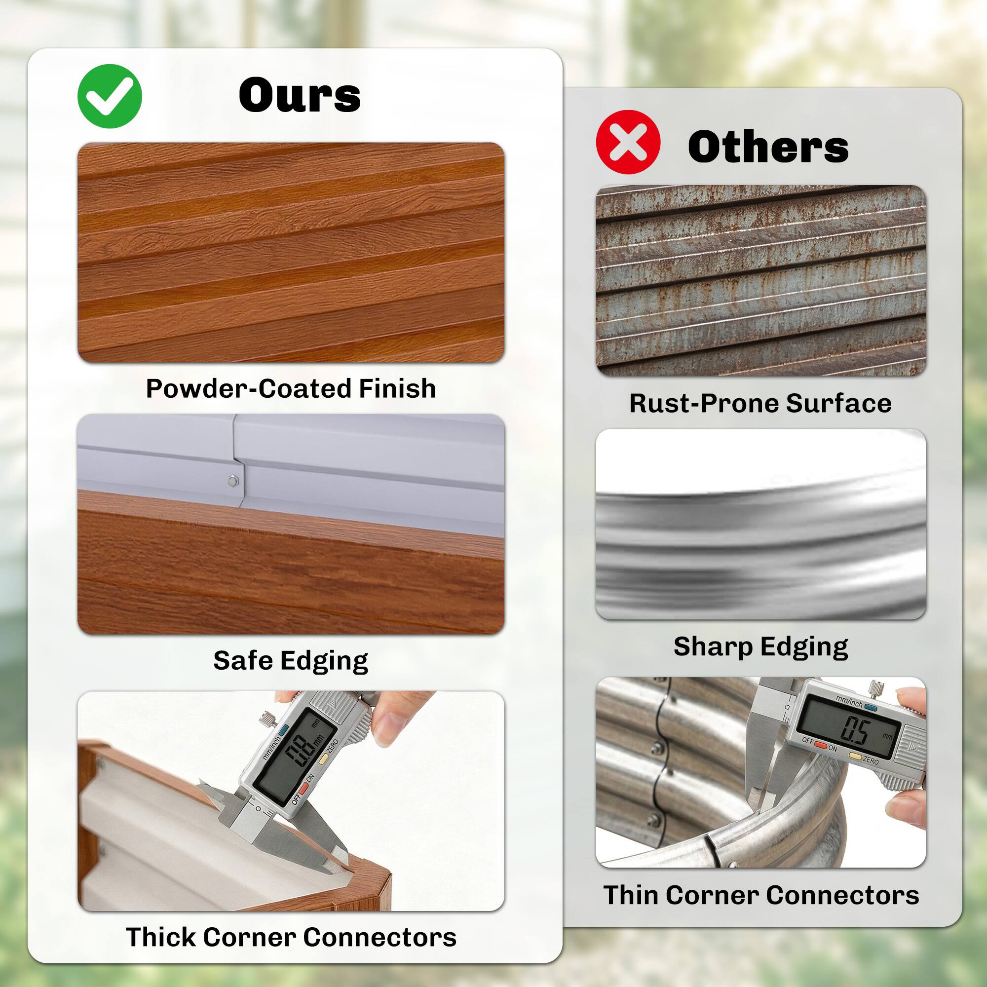 Ours  
- Powder-Coated Finish  
- Safe Edging  
- Thick Corner Connectors  

Others  
- Rust-Prone Surface  
- Sharp Edging  
- Thin Corner Connectors