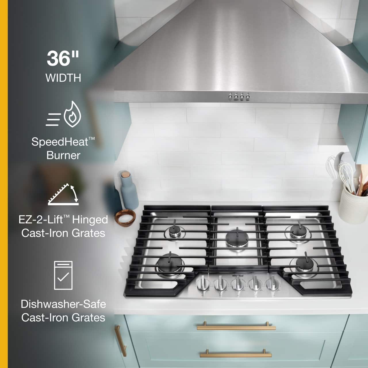 The image features a stove top with a 36" width, SpeedHeat Burner, EZ-2-Lift Hinged Cast-Iron Grates, and Dishwasher-Safe Cast-Iron Grates. The stove top is designed to provide efficient cooking and easy cleaning.
