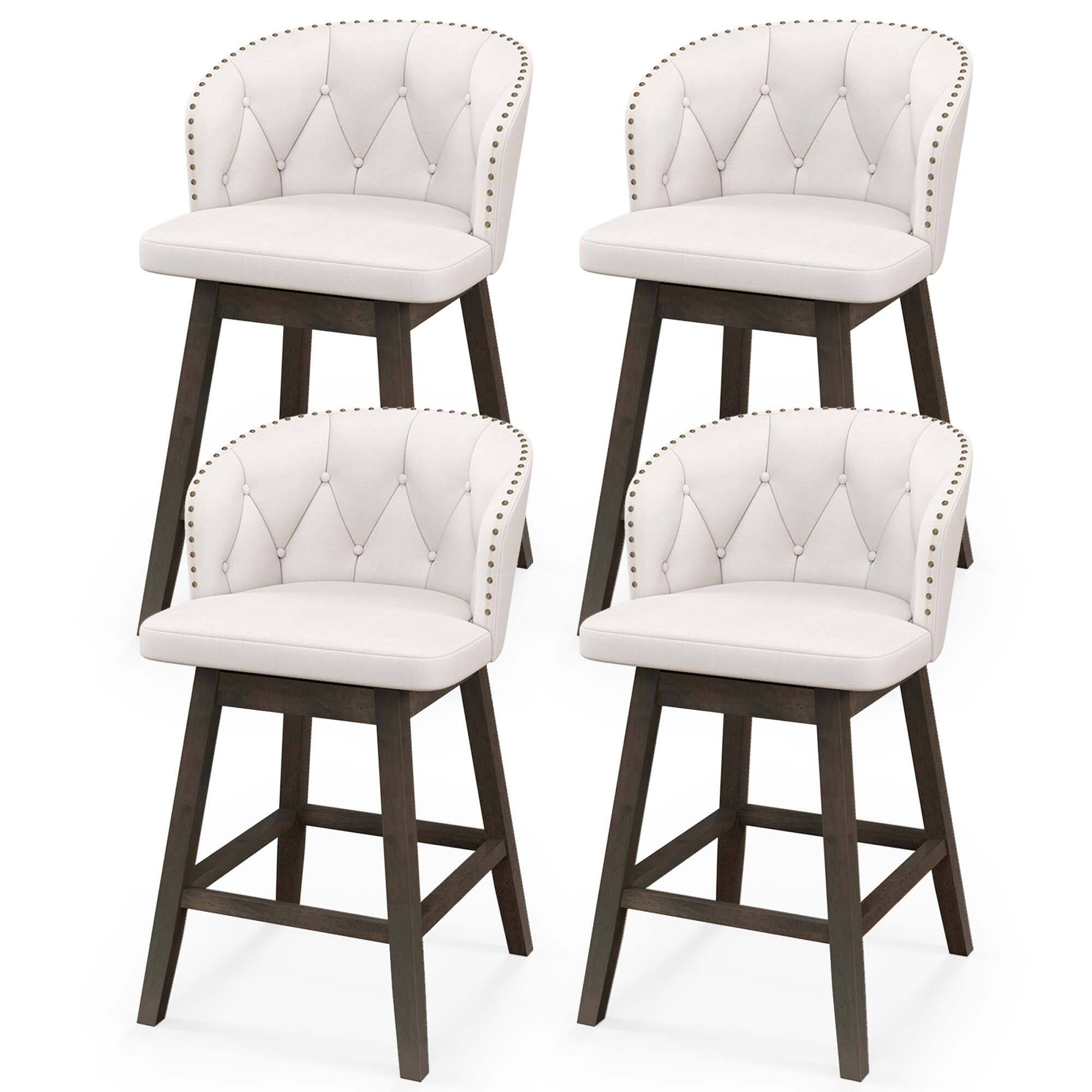 Costway - 4 PCS Counter Height Bar Stools Fabric Upholstered Island Stools with 360° Swivel Seat - Beige/Brown