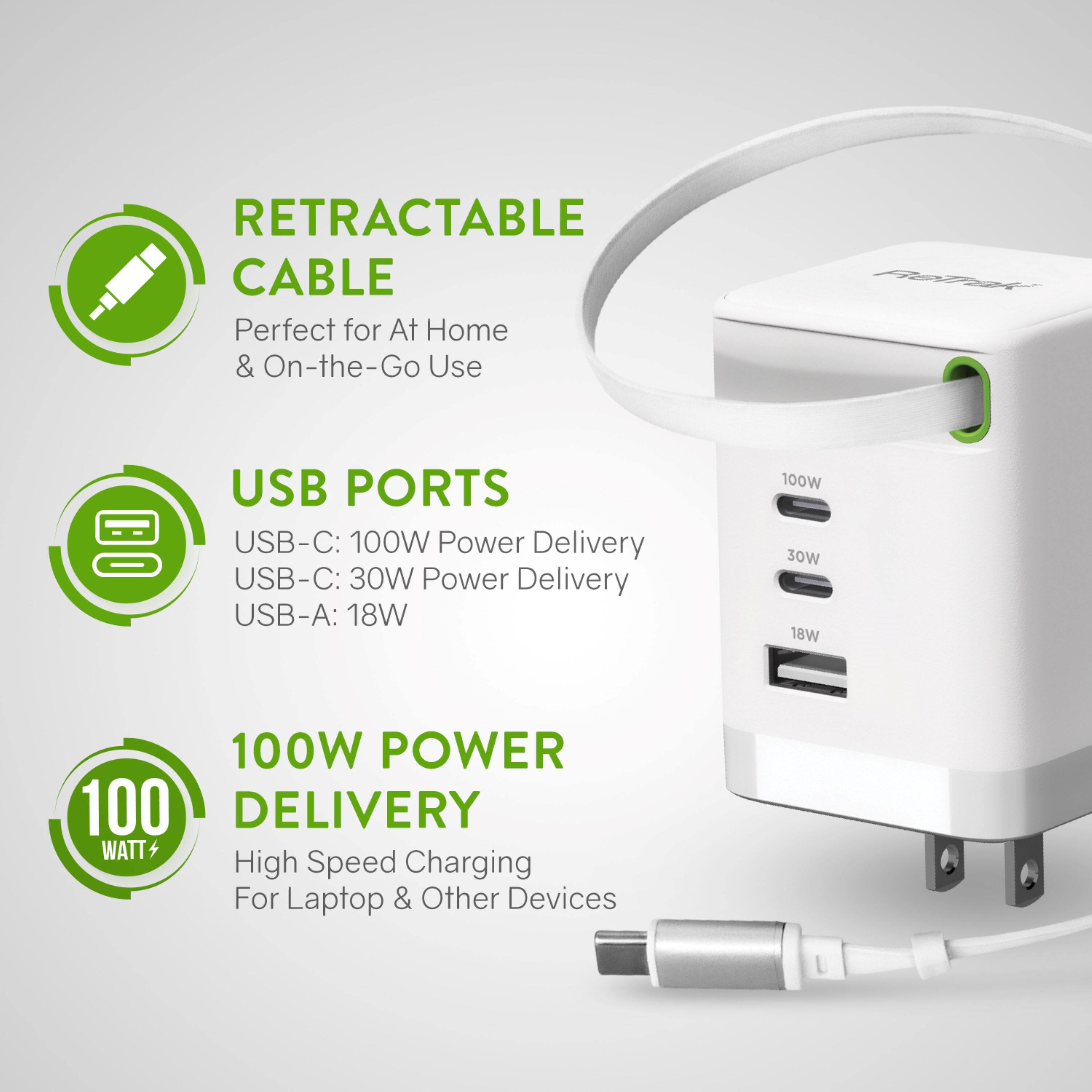RETRACTABLE CABLE  
Perfect for At Home & On-the-Go Use  

USB PORTS  
USB-C: 100W Power Delivery  
USB-C: 30W Power Delivery  
USB-A: 18W  

100W POWER DELIVERY  
High Speed Charging For Laptop & Other Devices
