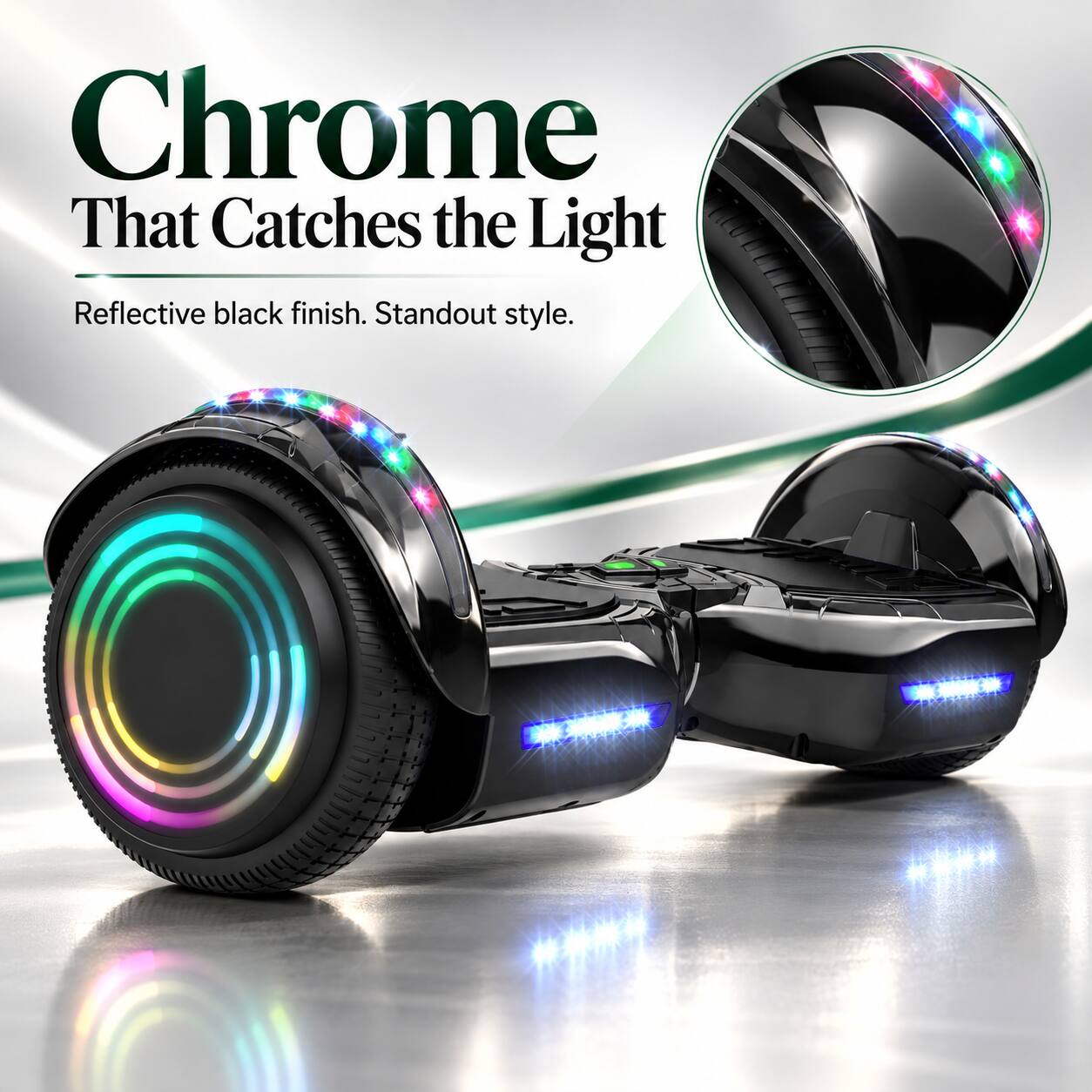 Chrome That Catches the Light  
Reflective black finish. Standout style.