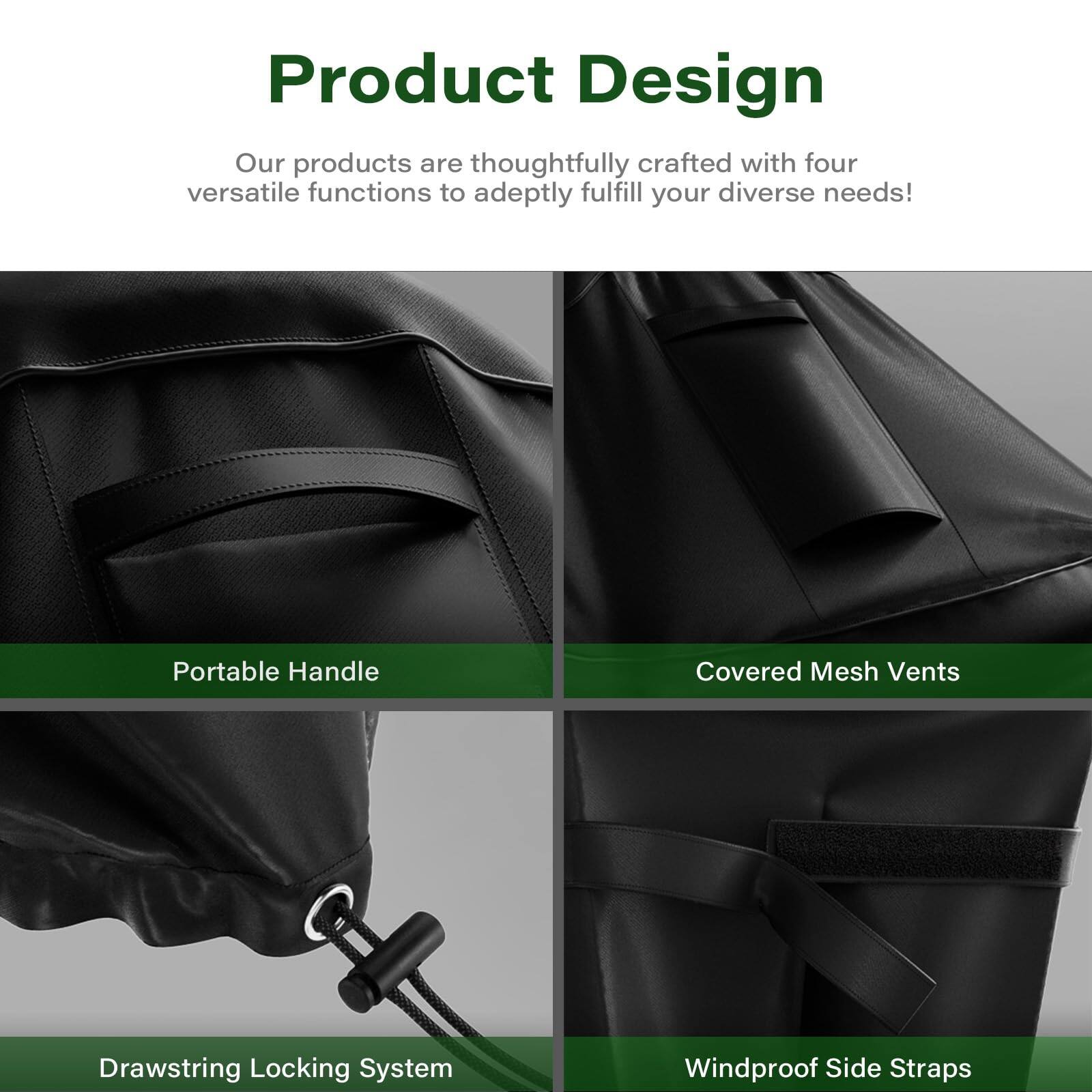 Product Design

Our products are thoughtfully crafted with four versatile functions to adeptly fulfill your diverse needs!

- Portable Handle
- Covered Mesh Vents
- Drawstring Locking System
- Windproof Side Straps