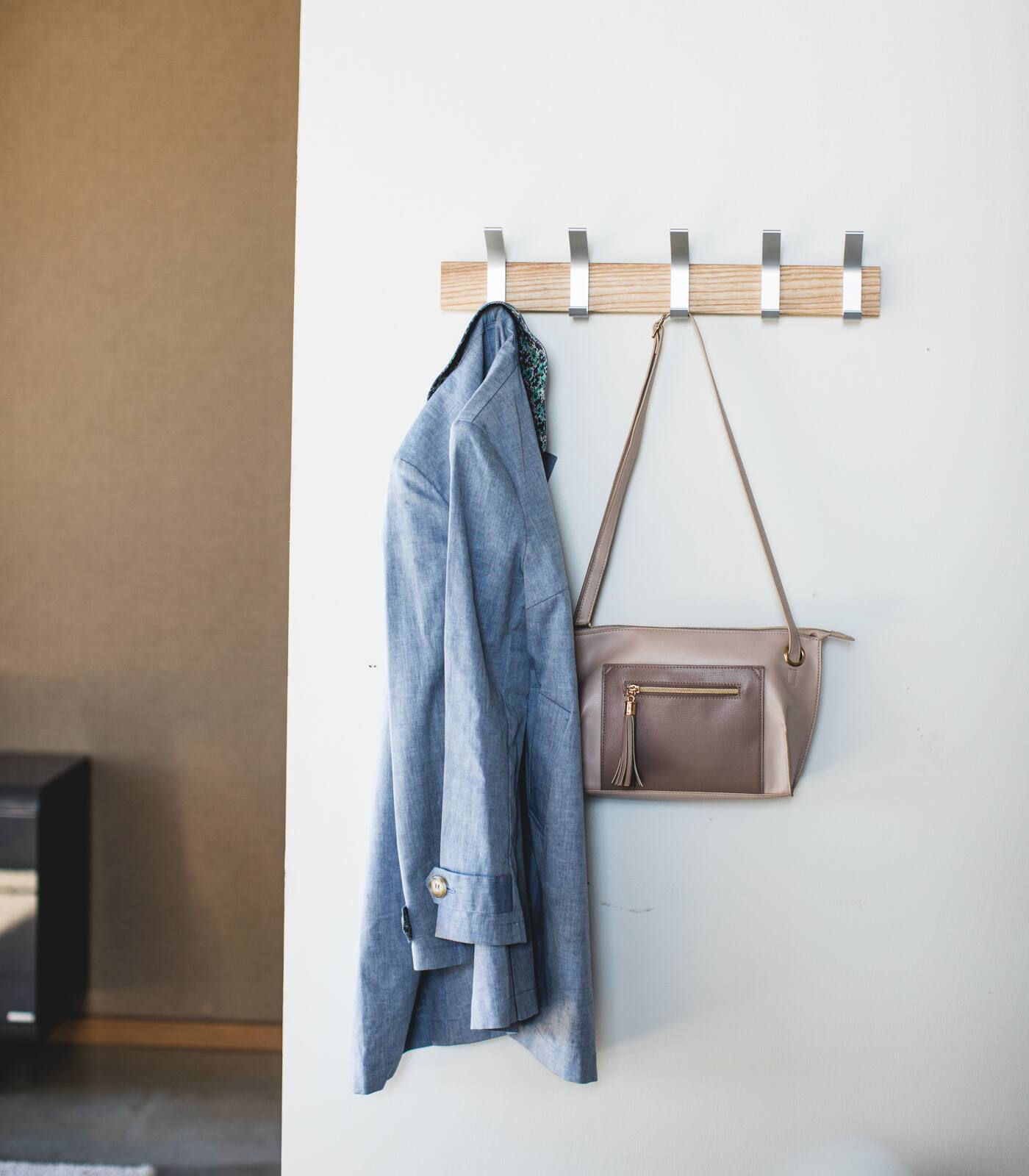 Front. Yamazaki Home - Wall-Mounted Coat Rack - Steel + Wood - Ash.