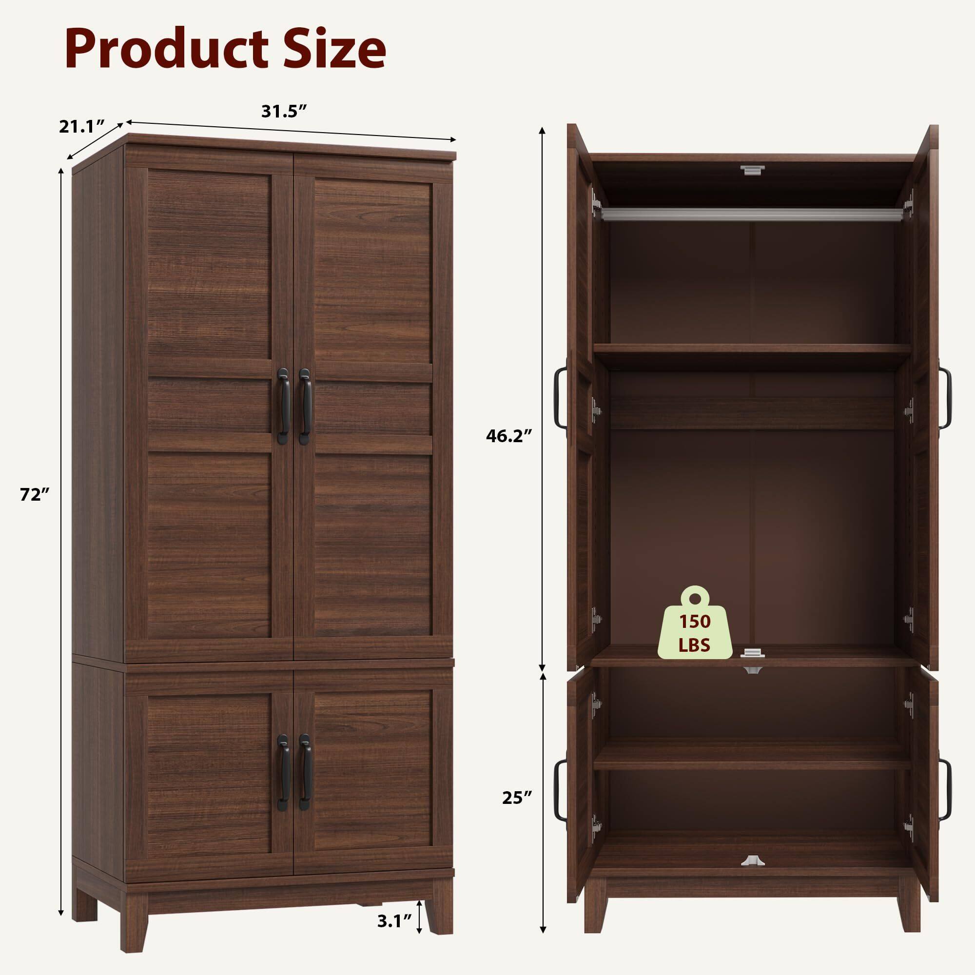 Product Size

- Height: 72"
- Width: 31.5"
- Depth: 21.1"
- Shelf Depth: 25"
- Shelf Height: 46.2"
- Bottom Shelf Height: 3.1"
- Weight Capacity: 150 LBS