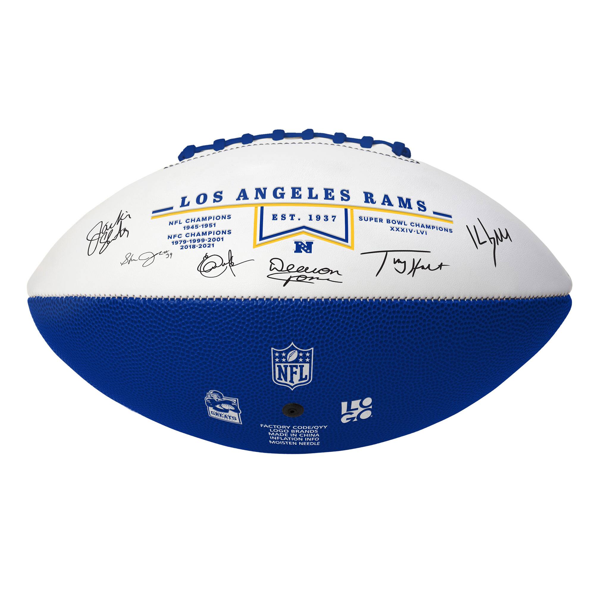 LOS ANGELES RAMS  
EST. 1937  
SUPER BOWL CHAMPIONS XXXIV-LVI  
NFL CHAMPIONS 1945-1951  
NFC CHAMPIONS 1979-1999-2001  
NFL CHAMPIONS 2018-2021  

- Los Angeles Rams  
- NFL  
- Super Bowl Champions  
- NFC Champions  
- NFL Champions  
- 1945-1951  
- 1979-1999-2001  
- 2018-2021  

- Super Bowl XXXIV-LVI  
- NFC Champions  
- NFL Champions  
- 1945-1951  
- 1979-1999-2001  
- 2018-2021  

- Los Angeles Rams  
- NFL  
- Super Bowl Champions  
- NFC Champions  
- NFL Champions  
- 1945-1951  
- 1979-1999-2001  
- 2018-202
