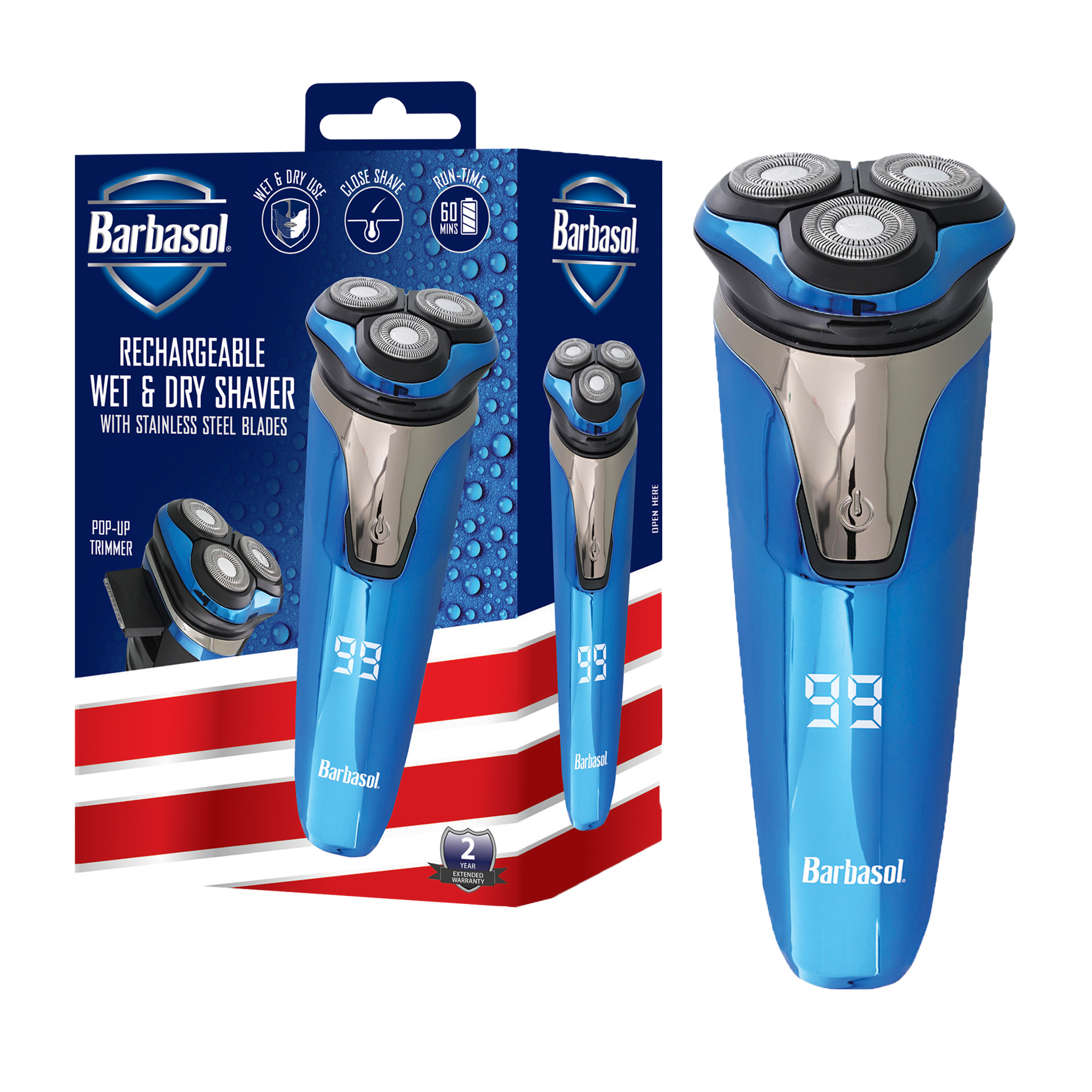 Barbasol - Rechargeable Men’s Vacuum Beard Trimmer with LCD & Adjustable Settings - Blue