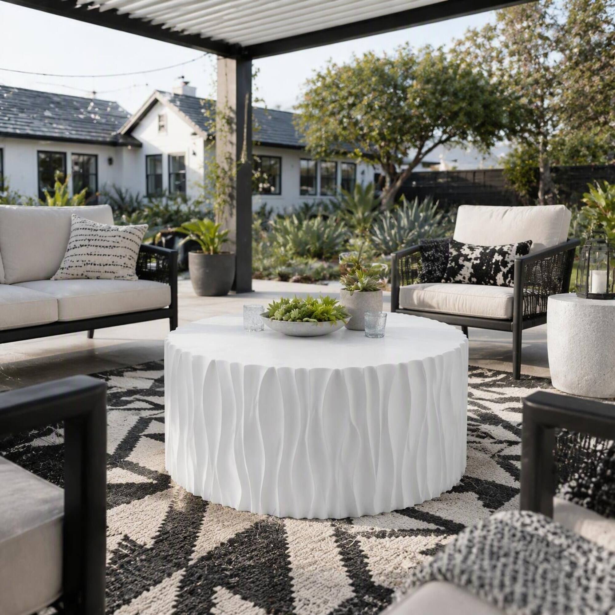 Back. RYHNUYNE - Modern White Round Outdoor Coffee Table 26.77"with Wavy Fluted Sides,Ready to Use for Patio Garden Balcony - White.
