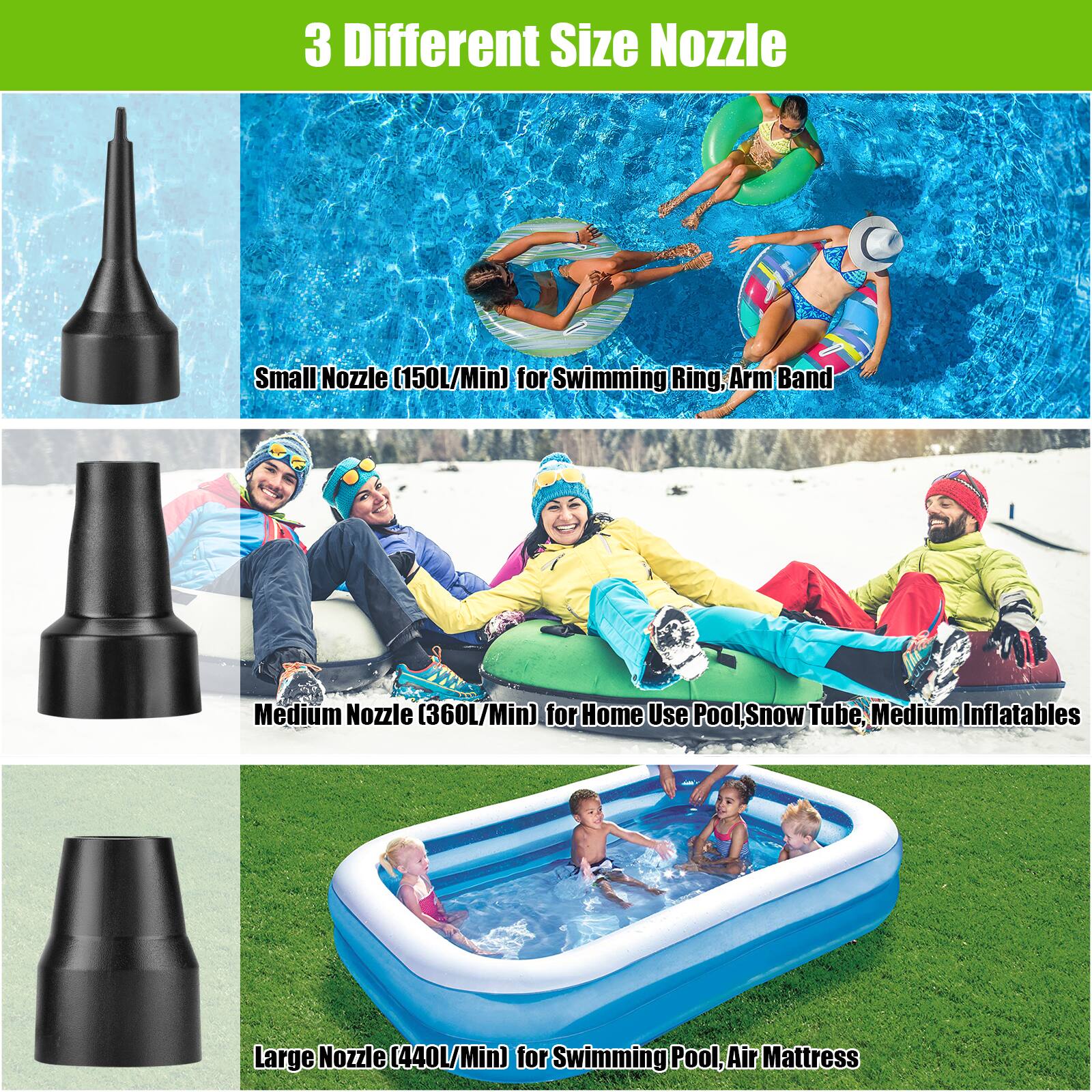 3 Different Size Nozzle

- Small Nozzle (150L/Min) for Swimming Ring, Arm Band
- Medium Nozzle (360L/Min) for Home Use Pool, Snow Tube, Medium Inflatables
- Large Nozzle (440L/Min) for Swimming Pool, Air Mattress
