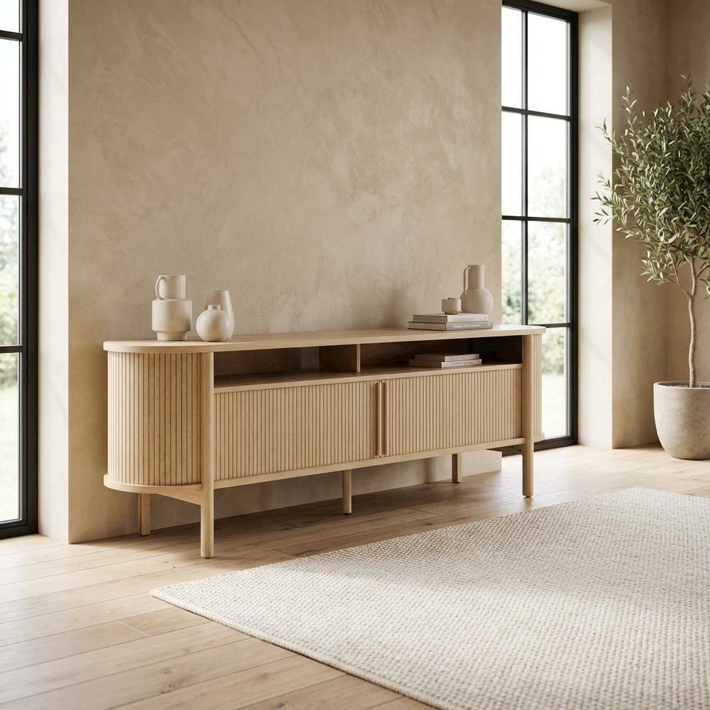 Left. FurniFact - Wooden TV stand with brown finish and curved design for living room decor - Brown.