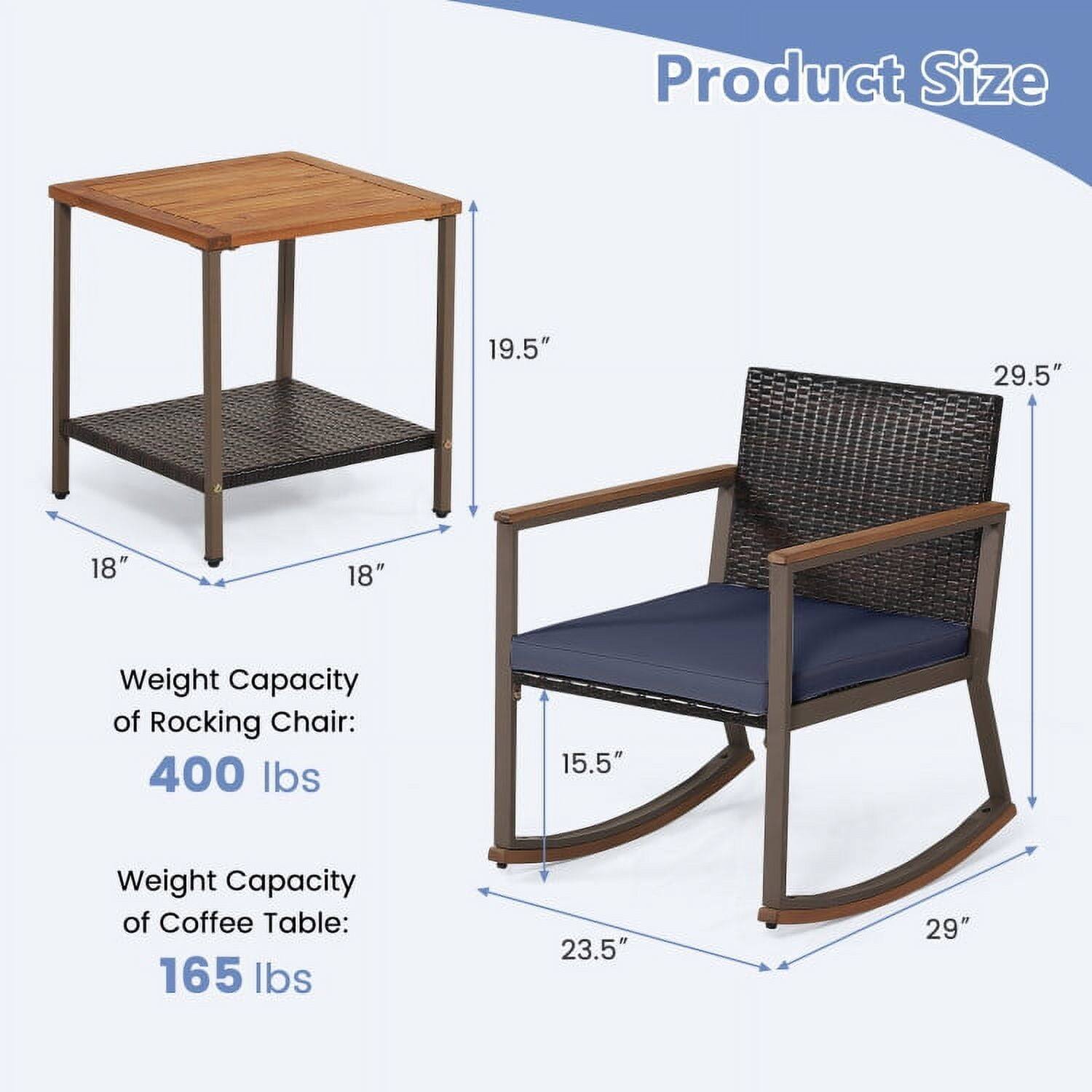Product Size  
19.5" x 18" x 18"  
29.5" x 23.5" x 15.5"  

Weight Capacity of Rocking Chair: 400 lbs  
Weight Capacity of Coffee Table: 165 lbs