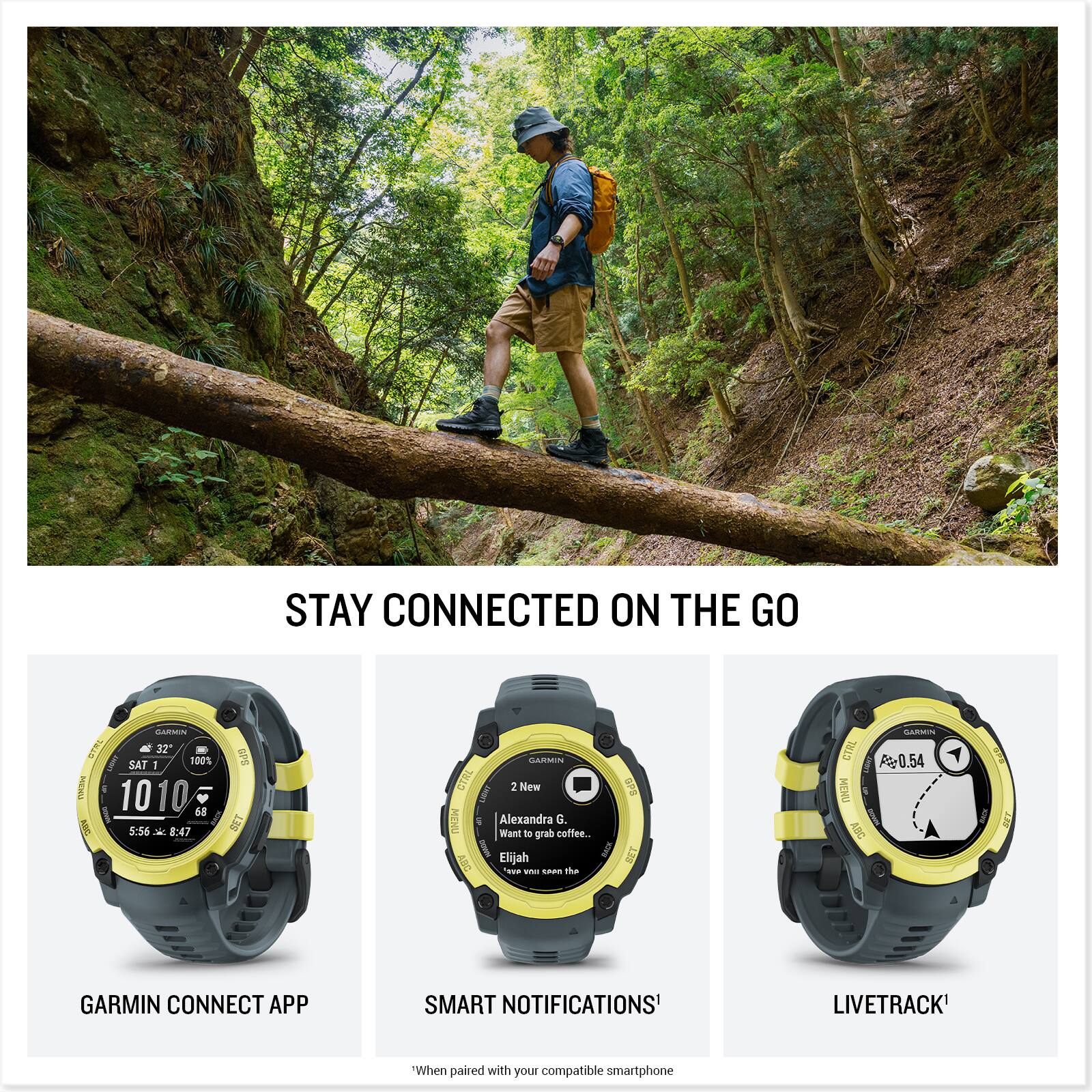 STAY CONNECTED ON THE GO

GARMIN CONNECT APP

SMART NOTIFICATIONS*

LIVETRACK*

"When paired with your compatible smartphone"

*Alexandra went to grab coffee...
*Elijah said he would meet them there

32°
SAT 1
100%
1010
5:56 - 8:47

2 New

At 0.54